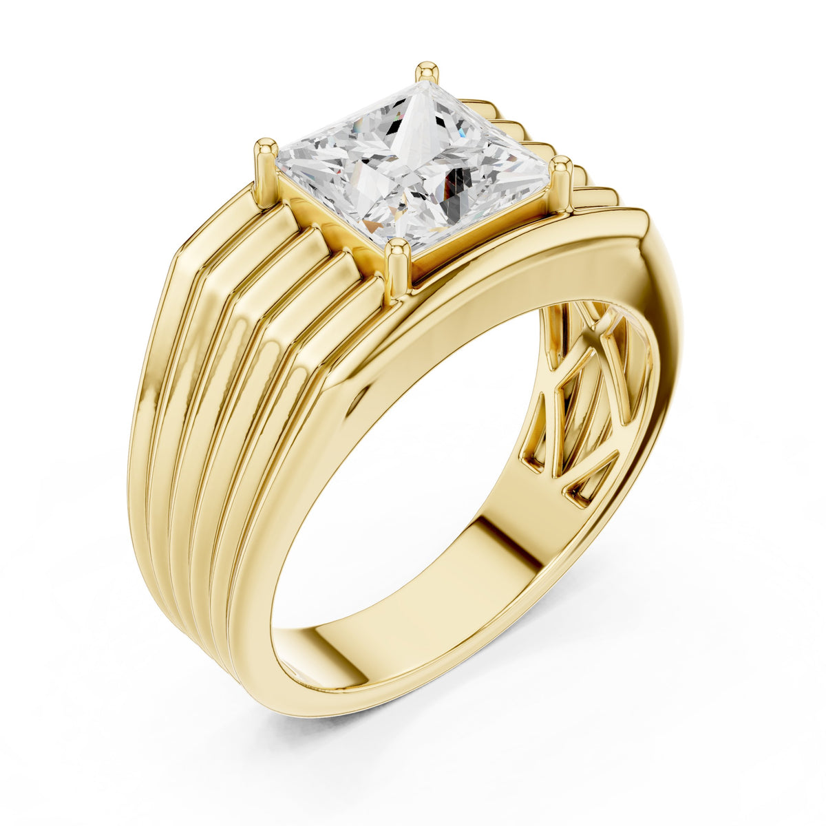 Princess Diamond Men's Ring with Ribbed Shoulders