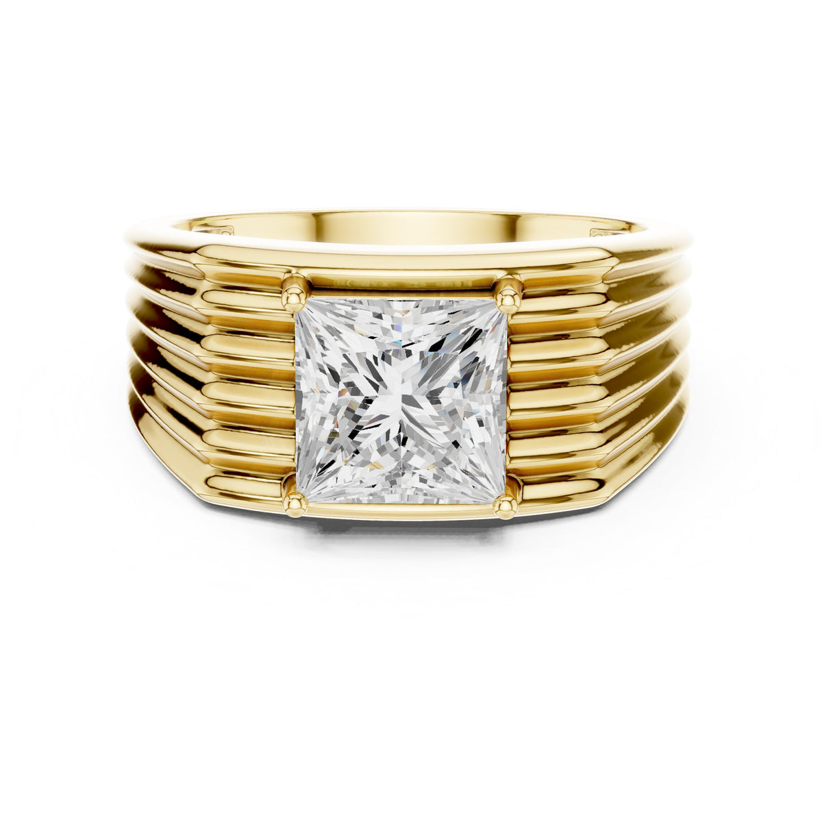 Square Bezel Diamond Men's Ring with Ribbed Shoulders in Yellow Gold - VYKA Diamonds