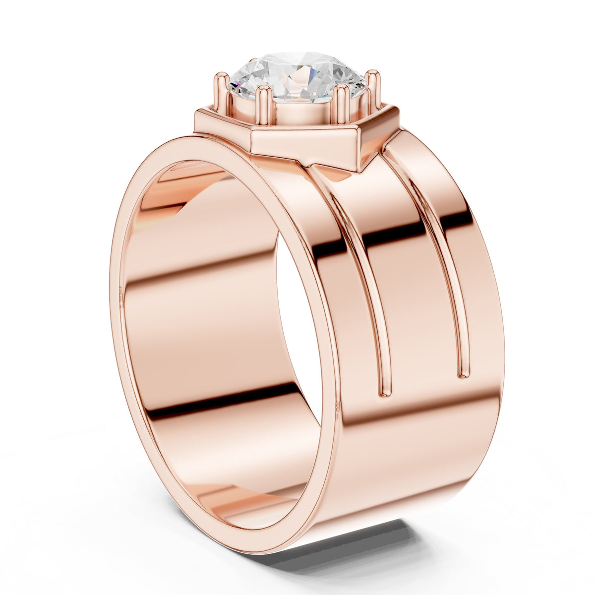 Hexagon Bezel Round Diamond Men's Ring in Rose Gold - VYKA Diamonds