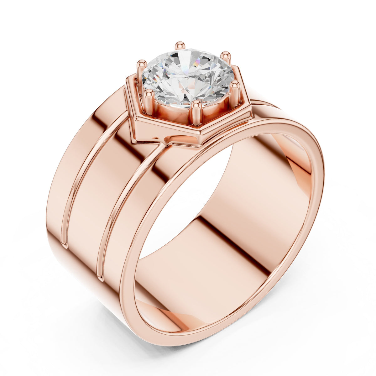 Hexagon Bezel Round Diamond Men's Ring in Rose Gold - VYKA Diamonds