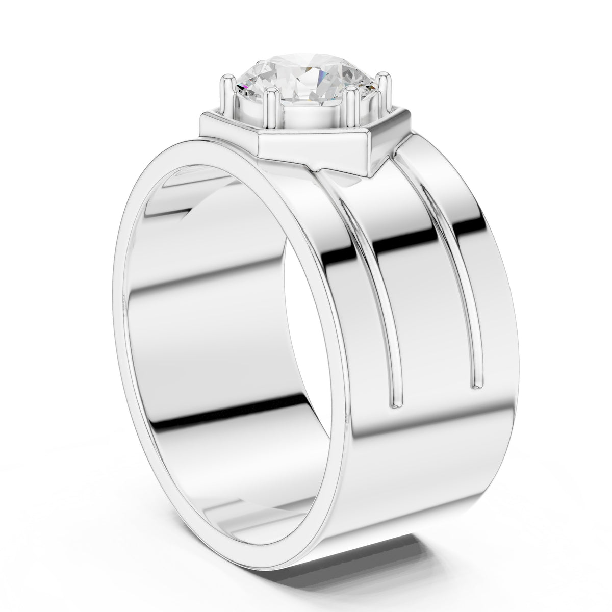 Hexagon Bezel Round Diamond Men's Ring in White Gold - VYKA Diamonds
