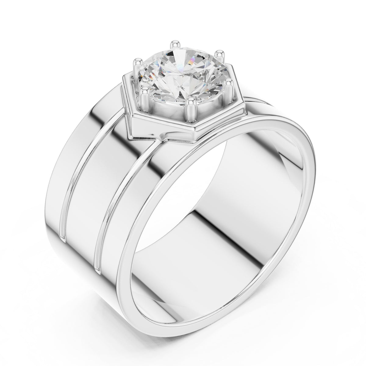Hexagon Bezel Round Diamond Men's Ring