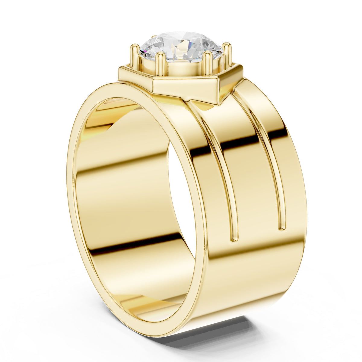 Hexagon Bezel Round Diamond Men's Ring in Yellow Gold - VYKA Diamonds