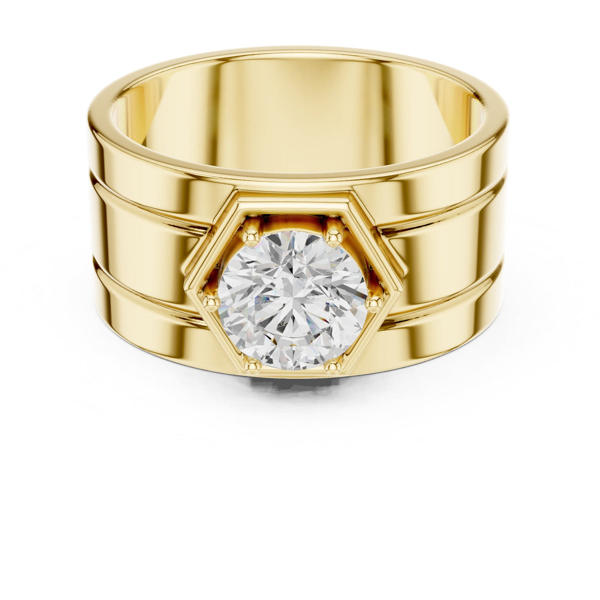 Hexagon Bezel Round Diamond Men's Ring in Yellow Gold - VYKA Diamonds