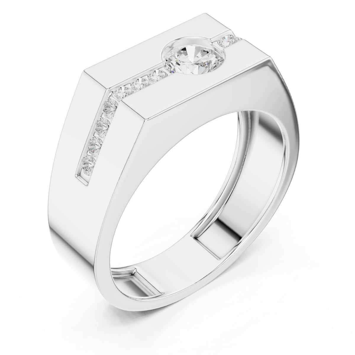 Channel Set Men's Diamond Ring with Round Centre in White Gold - VYKA Diamonds