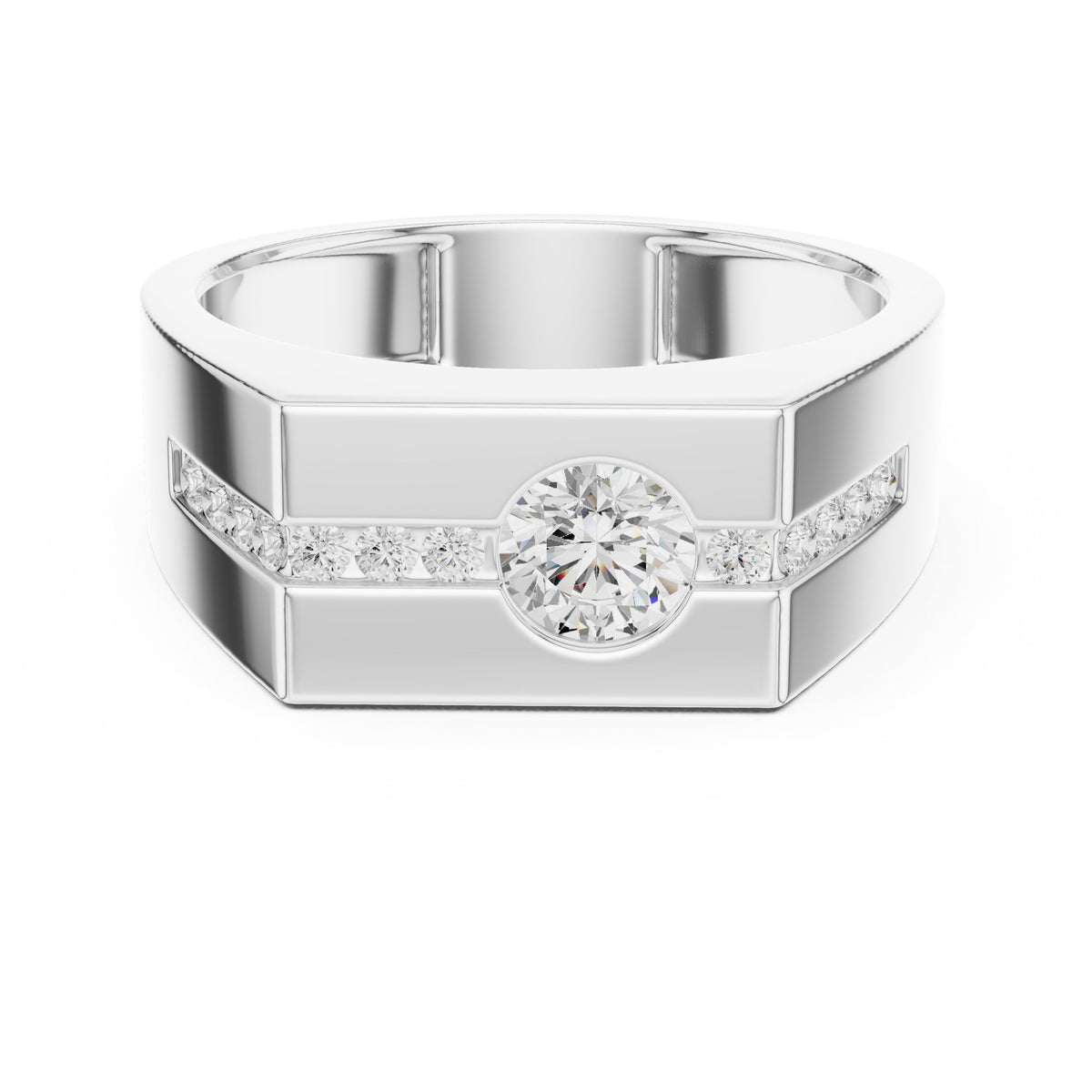 Channel Set Men's Diamond Ring with Round Centre in White Gold - VYKA Diamonds