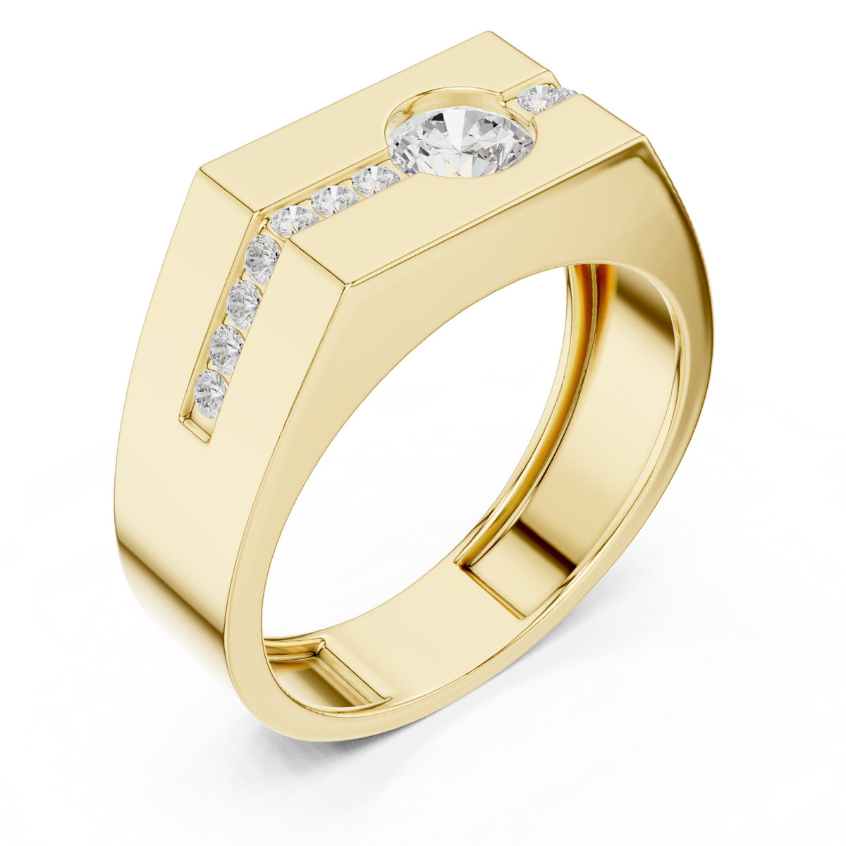 Channel Set Men's Diamond Ring with Round Centre in Yellow Gold - VYKA Diamonds