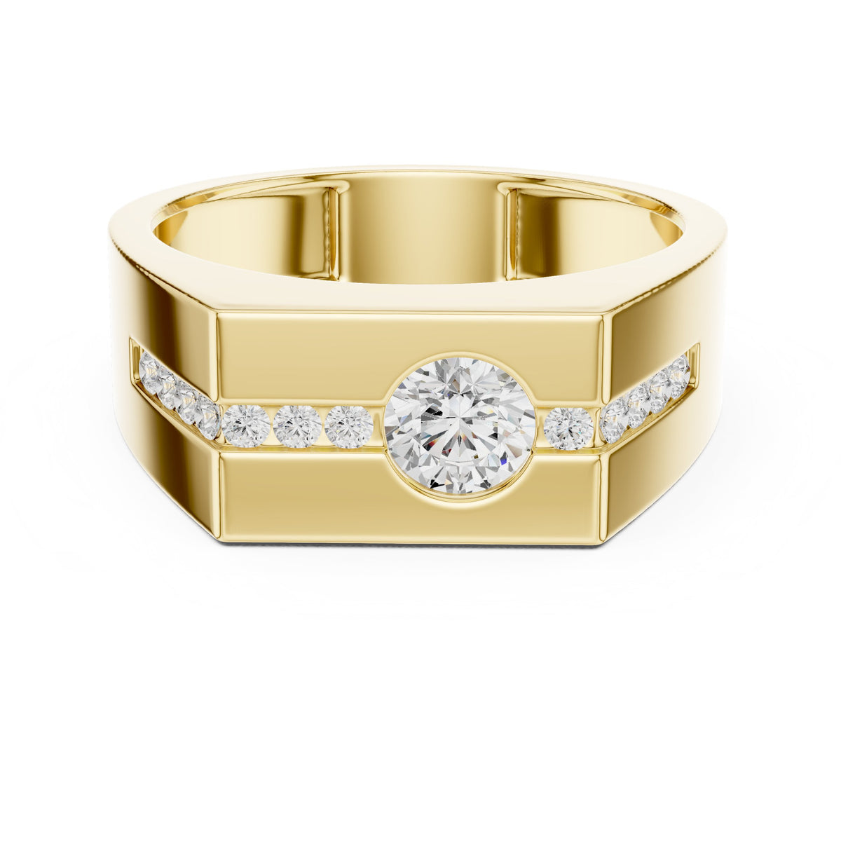 Channel Set Men's Diamond Ring with Round Centre in Yellow Gold - VYKA Diamonds