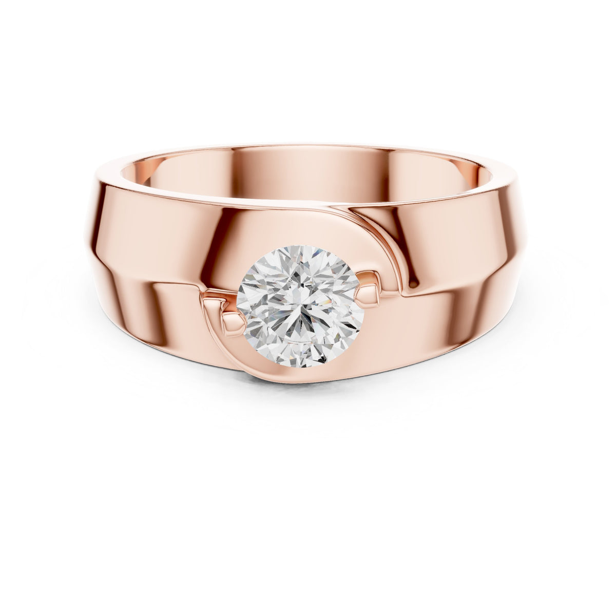 Offset Curve Round Diamond Men's Solitaire in Rose Gold - VYKA Diamonds