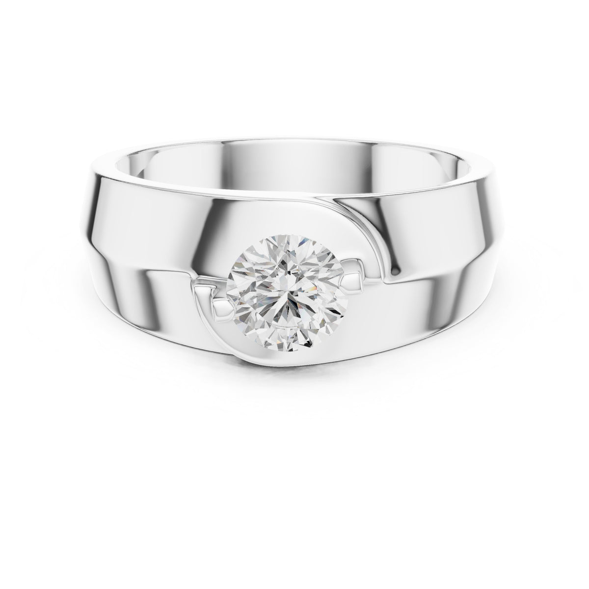 Offset Curve Round Diamond Men's Solitaire in White Gold - VYKA Diamonds