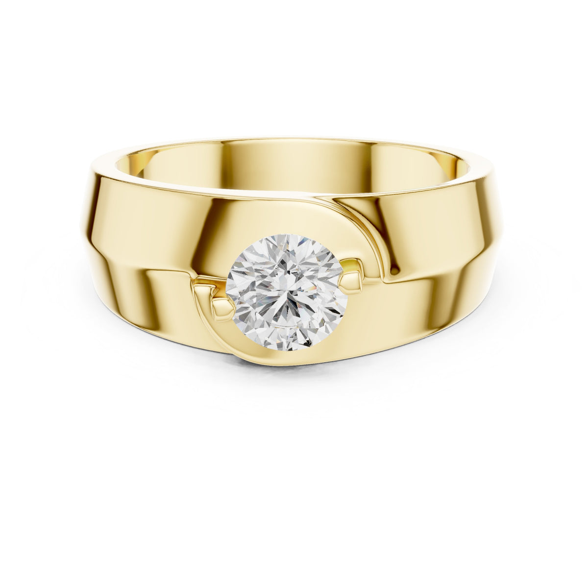 Offset Curve Round Diamond Men's Solitaire in Yellow Gold - VYKA Diamonds