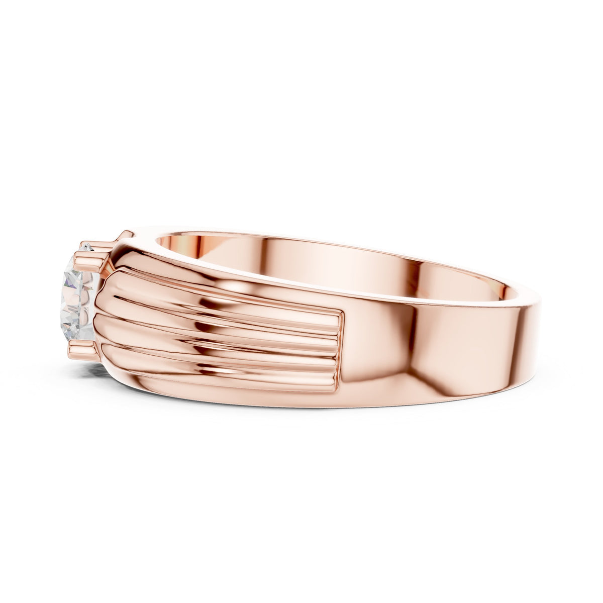 Fluted Shoulder Round Diamond Men's Solitaire in Rose Gold - VYKA Diamonds