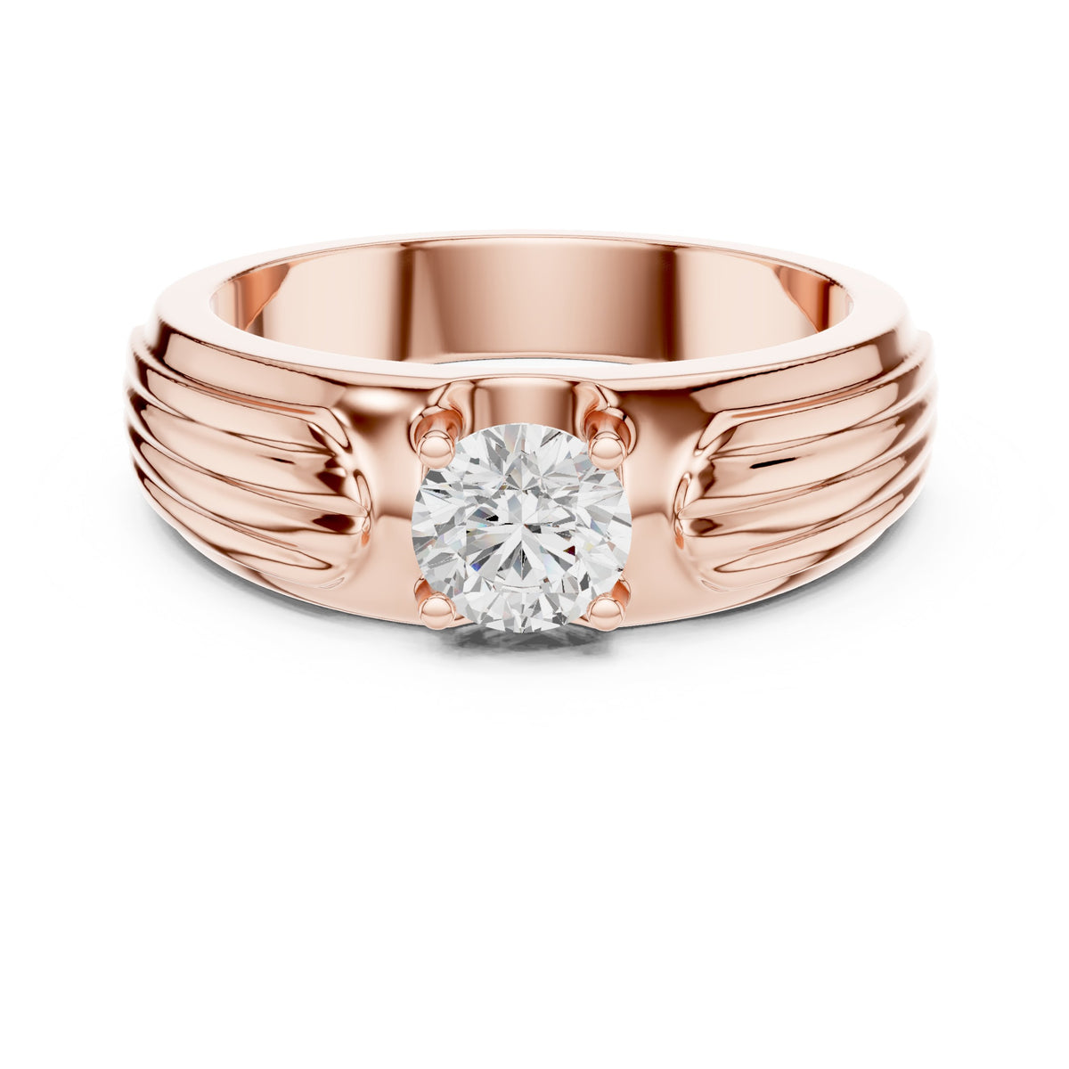 Fluted Shoulder Round Diamond Men's Solitaire in Rose Gold - VYKA Diamonds