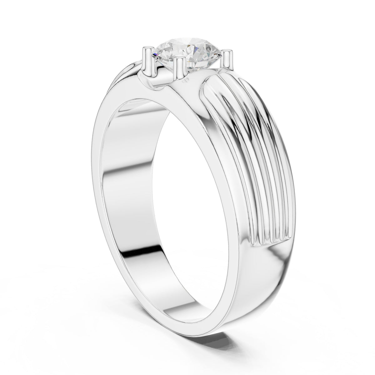Fluted Shoulder Round Diamond Men's Solitaire in White Gold - VYKA Diamonds