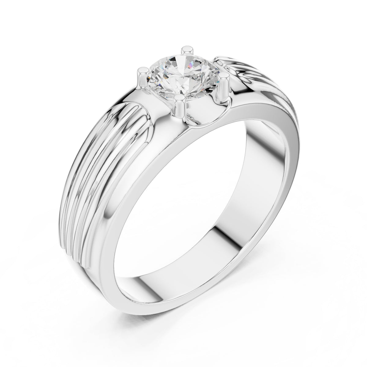 Fluted Shoulder Round Diamond Men's Solitaire in White Gold - VYKA Diamonds