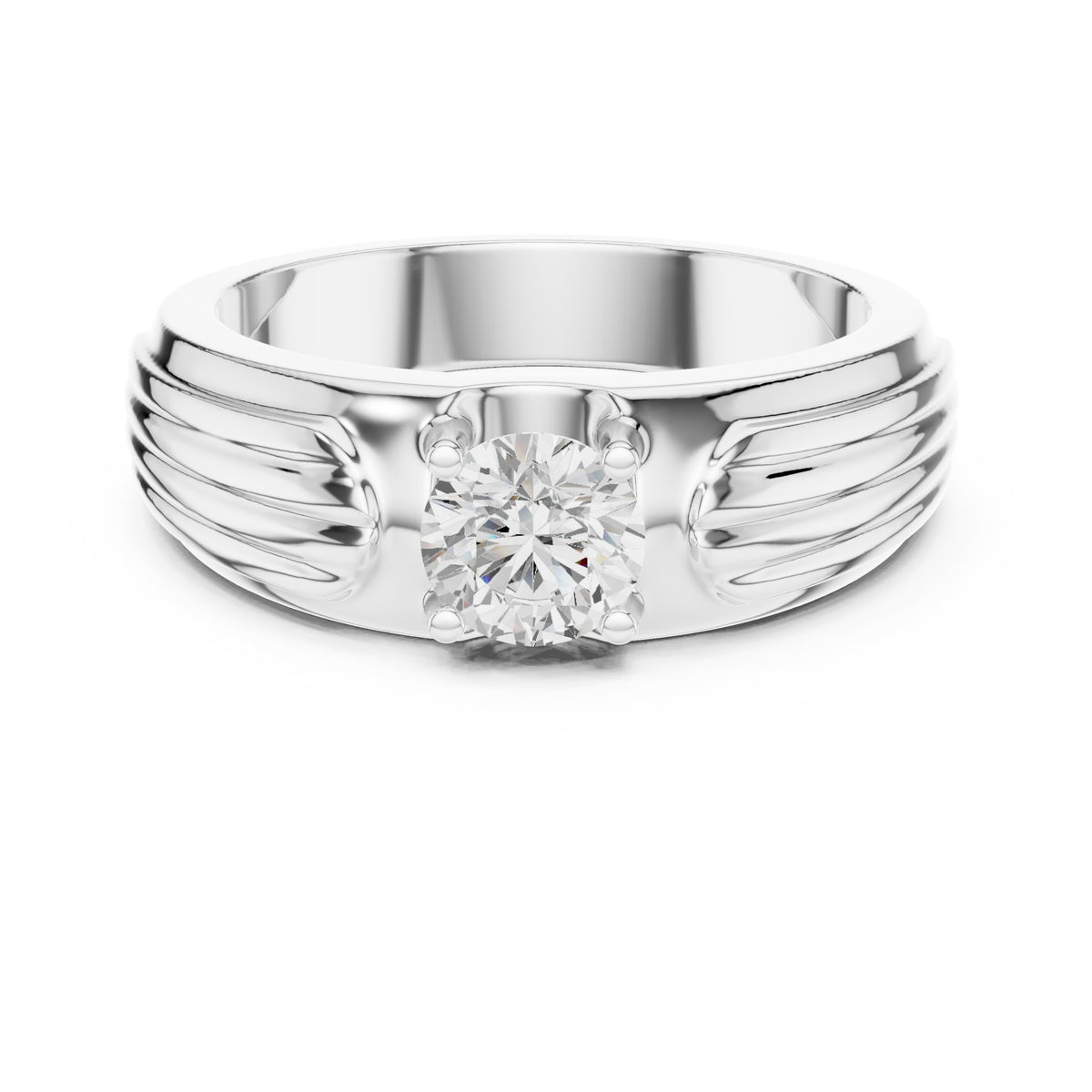Fluted Shoulder Round Diamond Men's Solitaire in White Gold - VYKA Diamonds