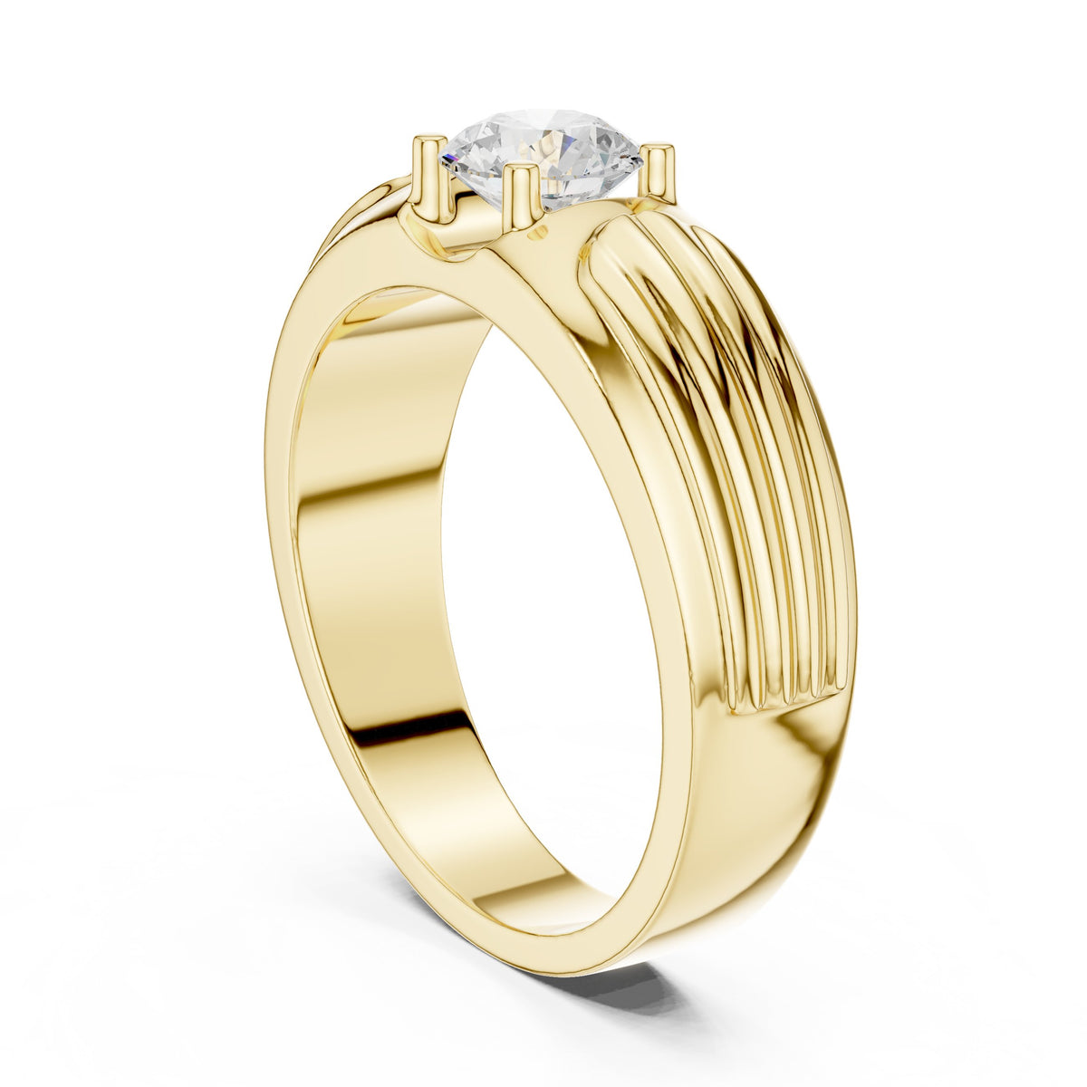 Fluted Shoulder Round Diamond Men's Solitaire in Yellow Gold - VYKA Diamonds