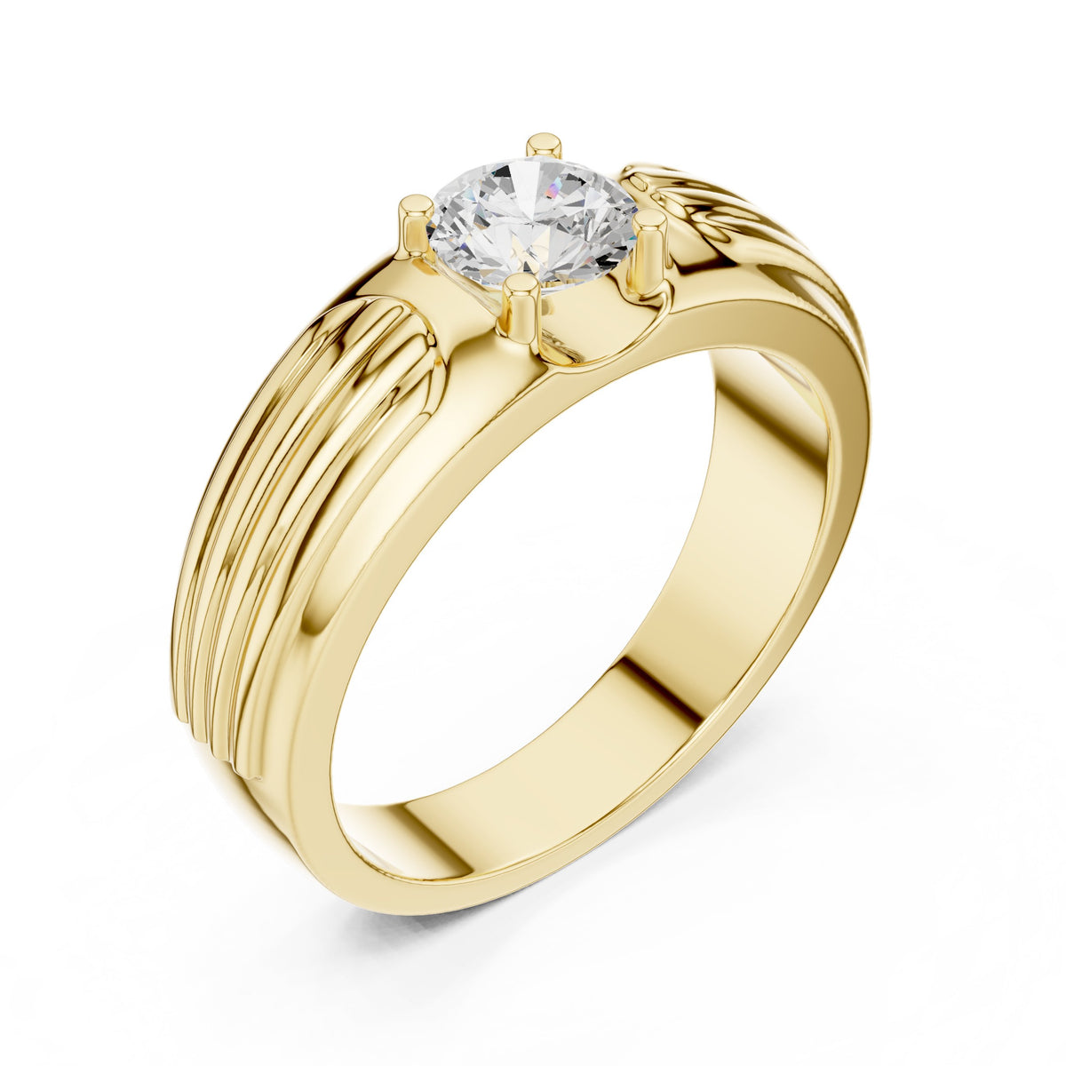Fluted Shoulder Round Diamond Men's Solitaire in Yellow Gold - VYKA Diamonds