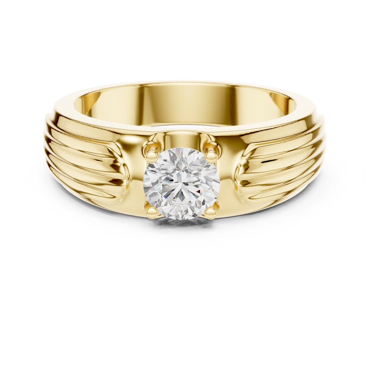 Fluted Shoulder Round Diamond Men's Solitaire in Yellow Gold - VYKA Diamonds