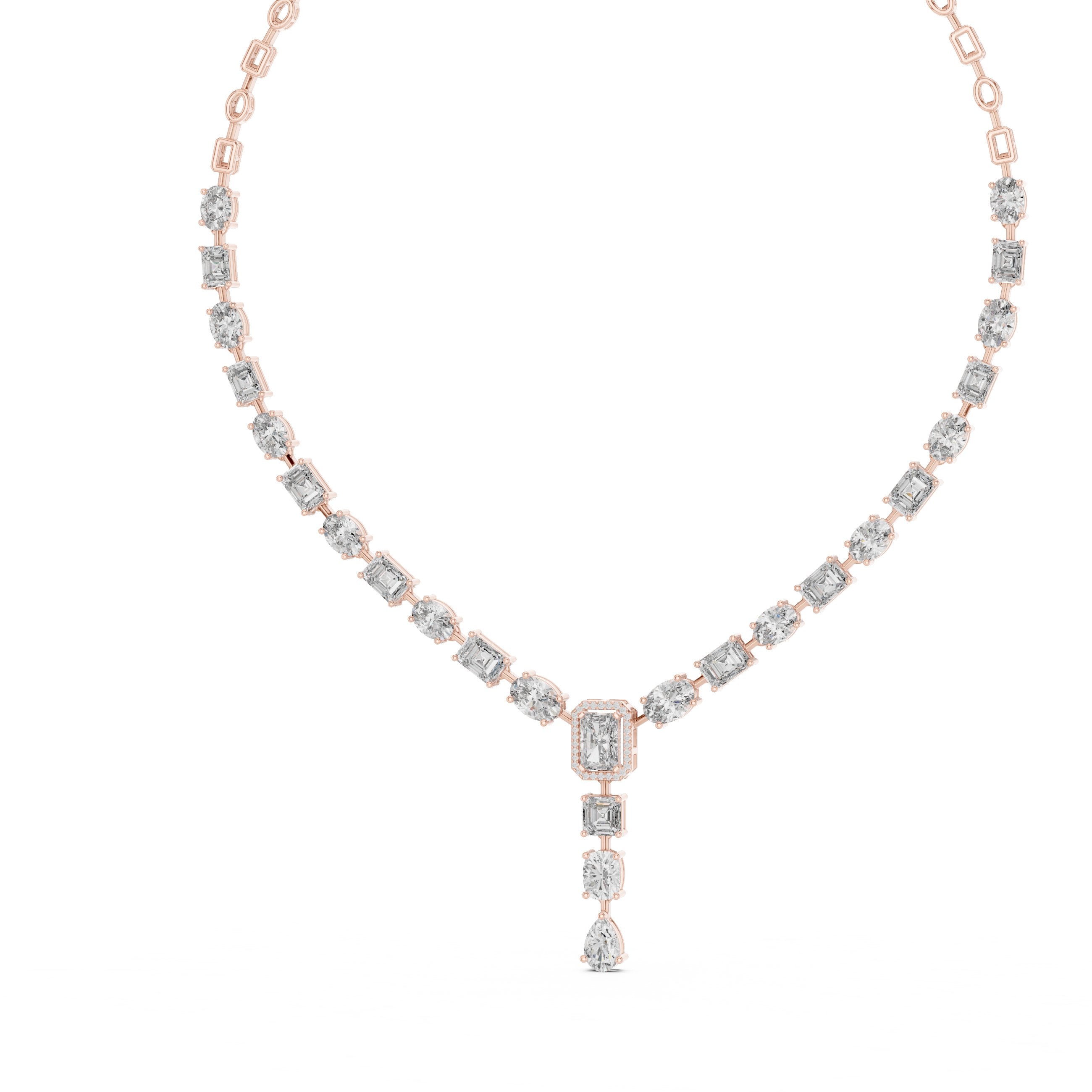 Mixed Fancy-Cut Emerald Halo Y-Drop Necklace in Rose Gold - VYKA Diamonds