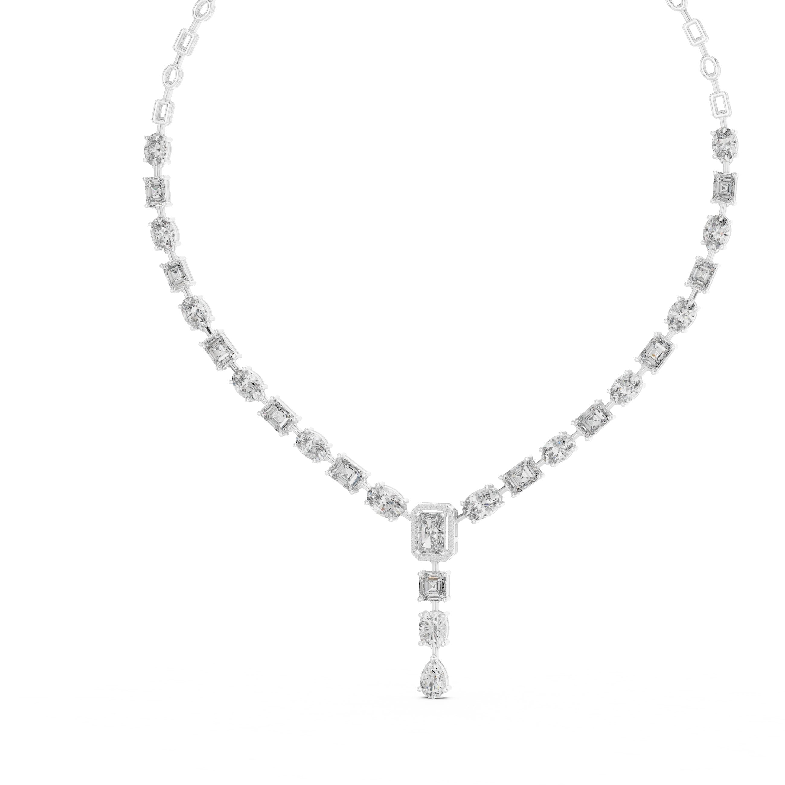 Mixed Fancy-Cut Emerald Halo Y-Drop Necklace in White Gold - VYKA Diamonds