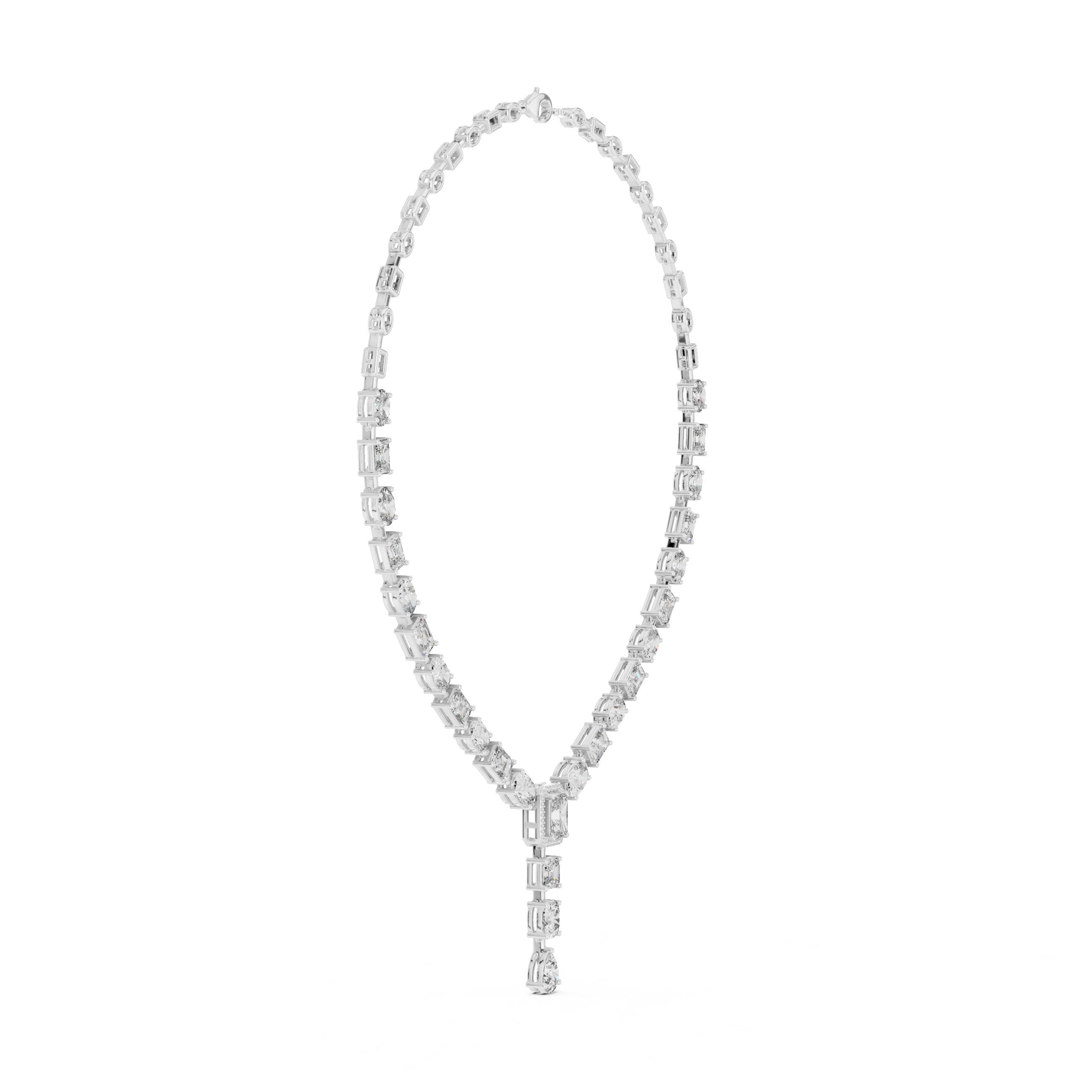 Mixed Fancy-Cut Emerald Halo Y-Drop Necklace in White Gold - VYKA Diamonds