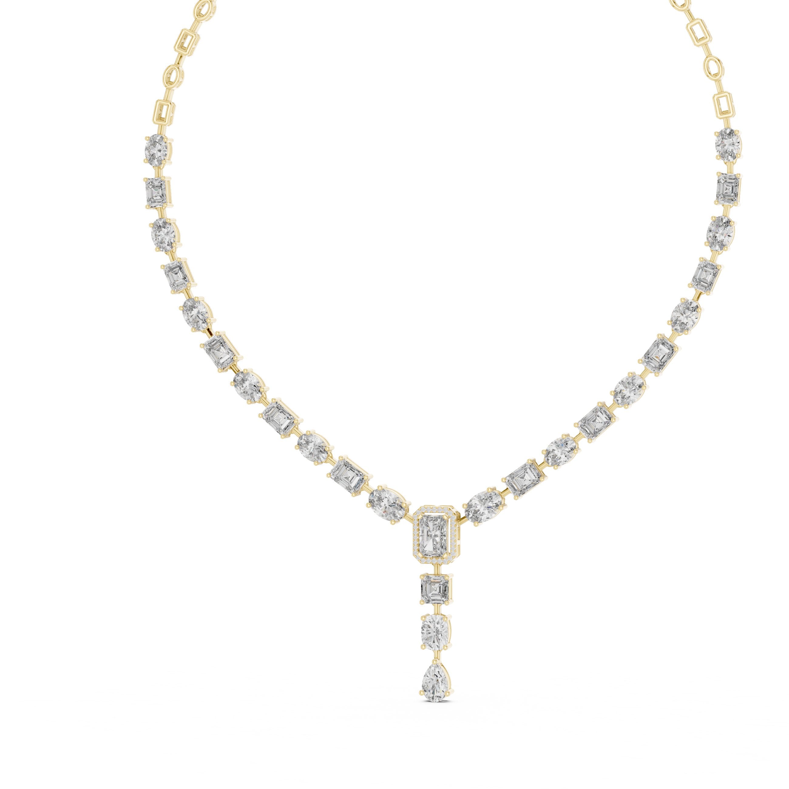Mixed Fancy-Cut Emerald Halo Y-Drop Necklace in Yellow Gold - VYKA Diamonds