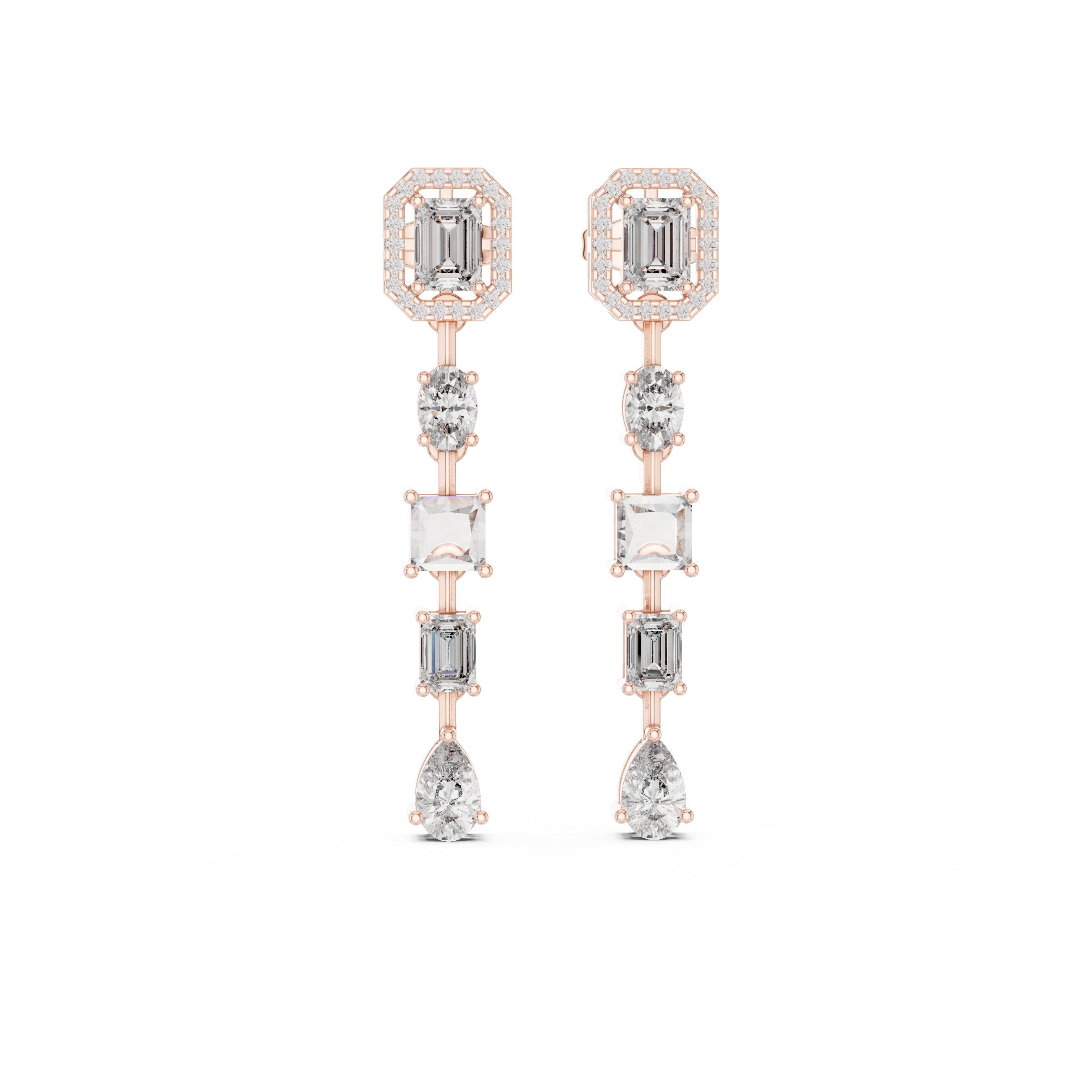 Emerald Halo Tiered Drop Earrings in Rose Gold - VYKA Diamonds