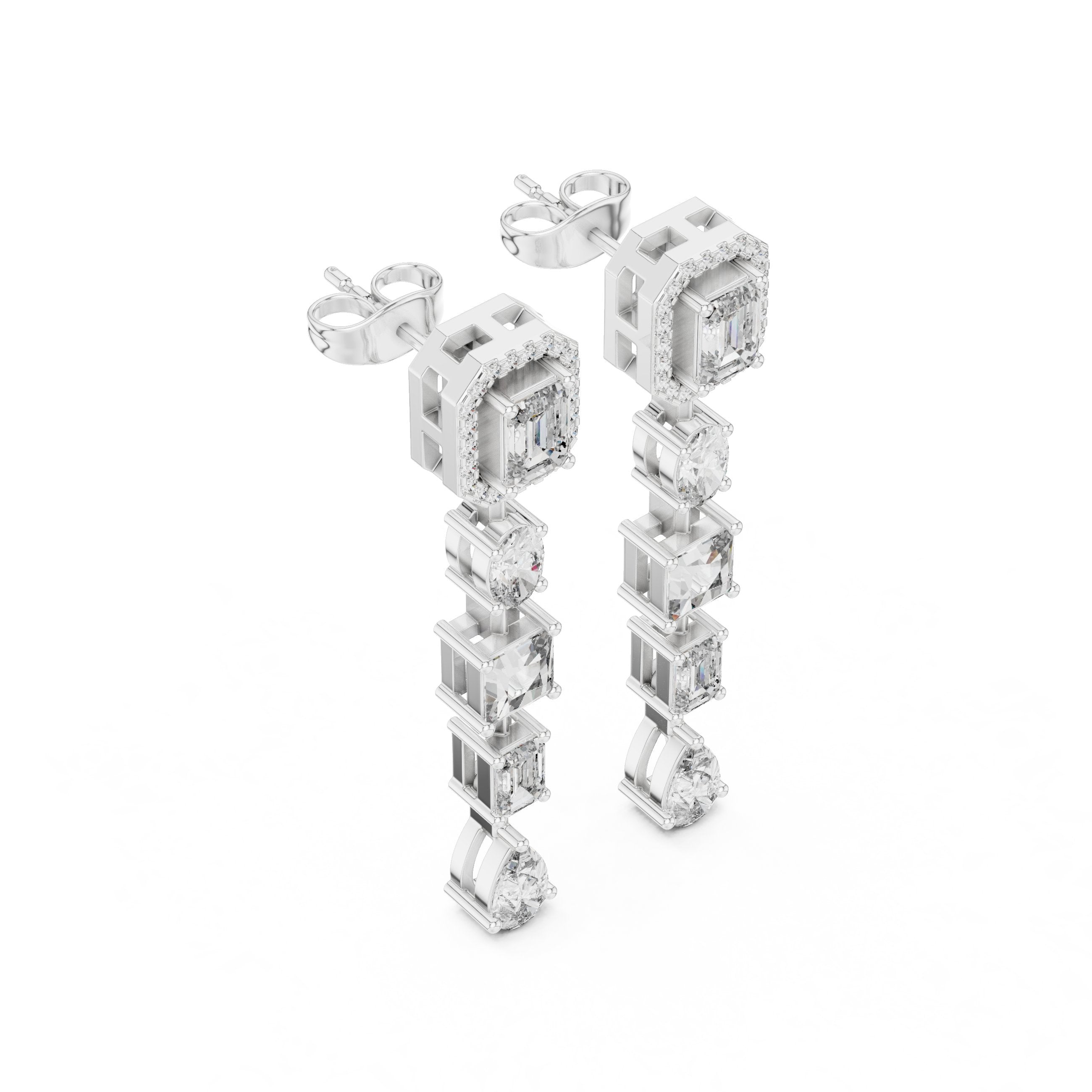 Emerald Halo Tiered Drop Earrings in White Gold - VYKA Diamonds