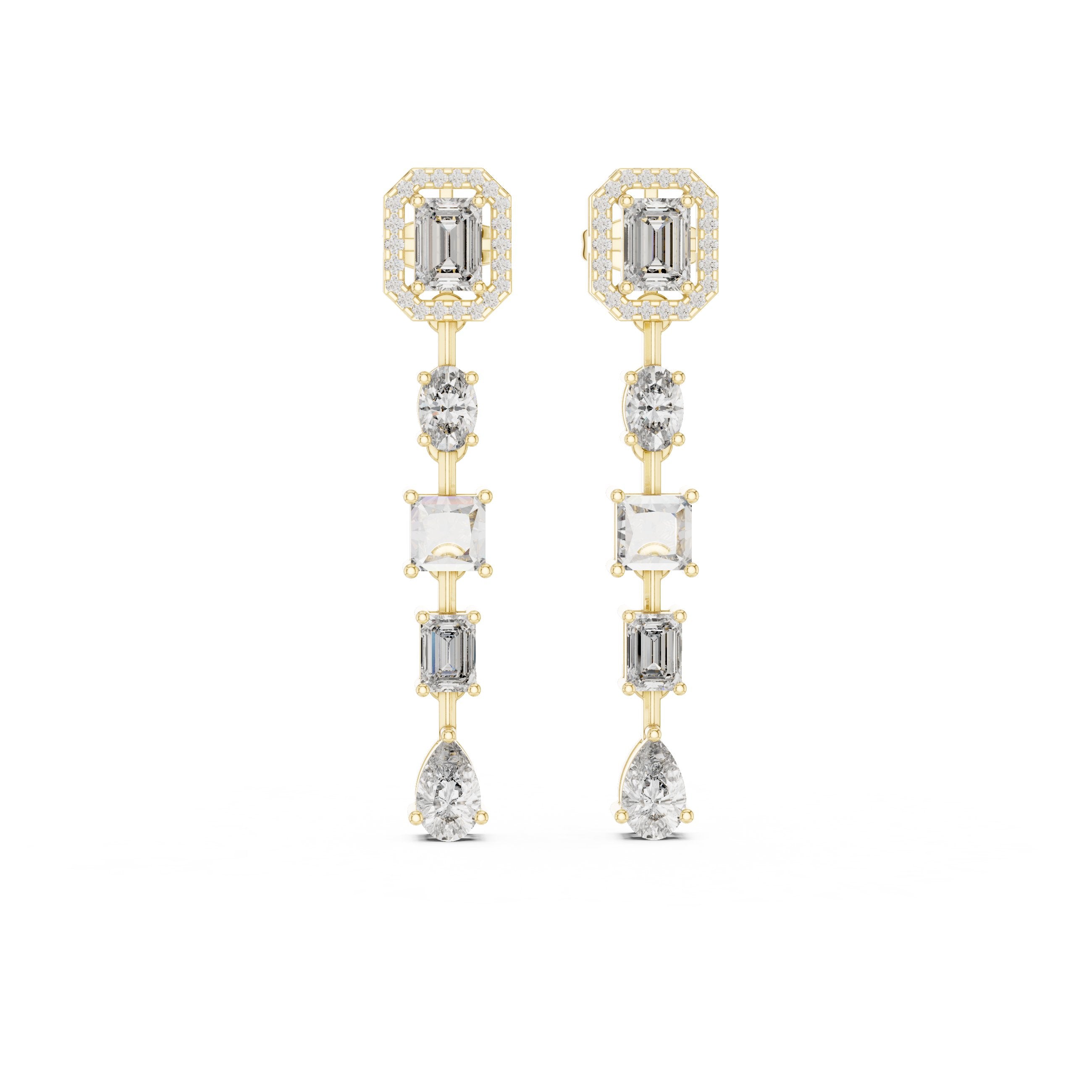 Emerald Halo Tiered Drop Earrings in Yellow Gold - VYKA Diamonds