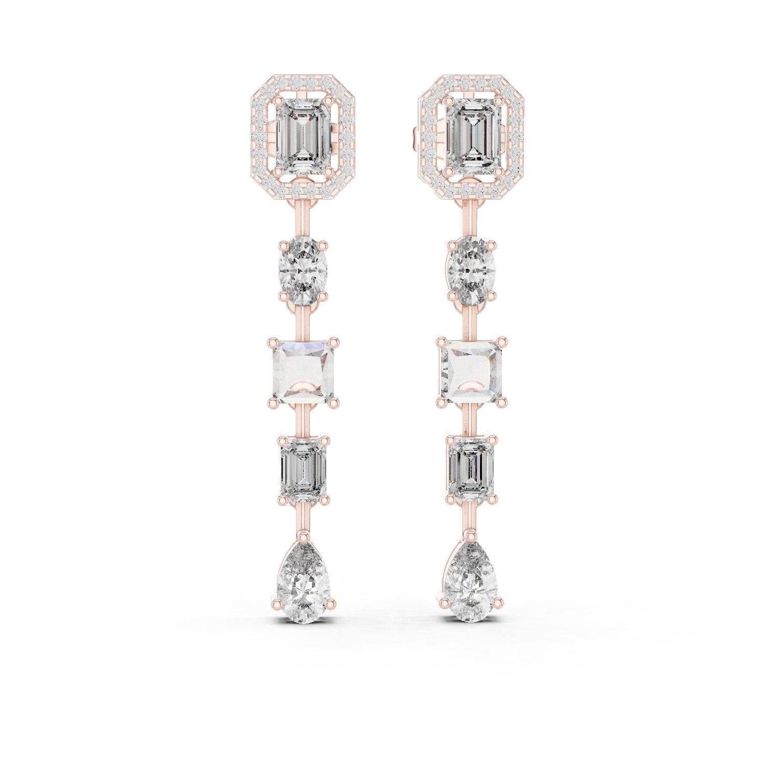 Emerald Halo Tiered Drop Earrings in Rose Gold - VYKA Diamonds