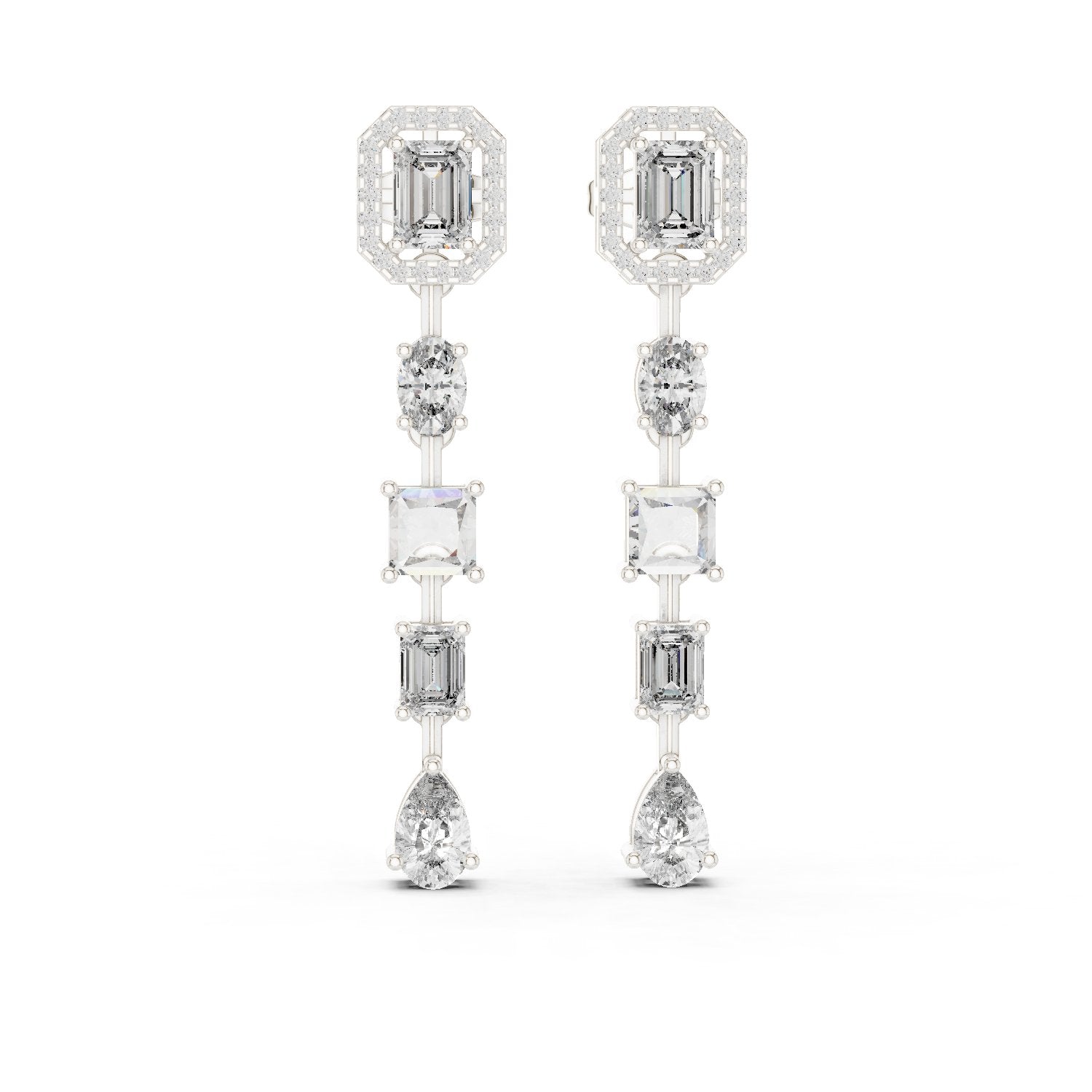 Emerald Halo Tiered Drop Earrings in White Gold - VYKA Diamonds