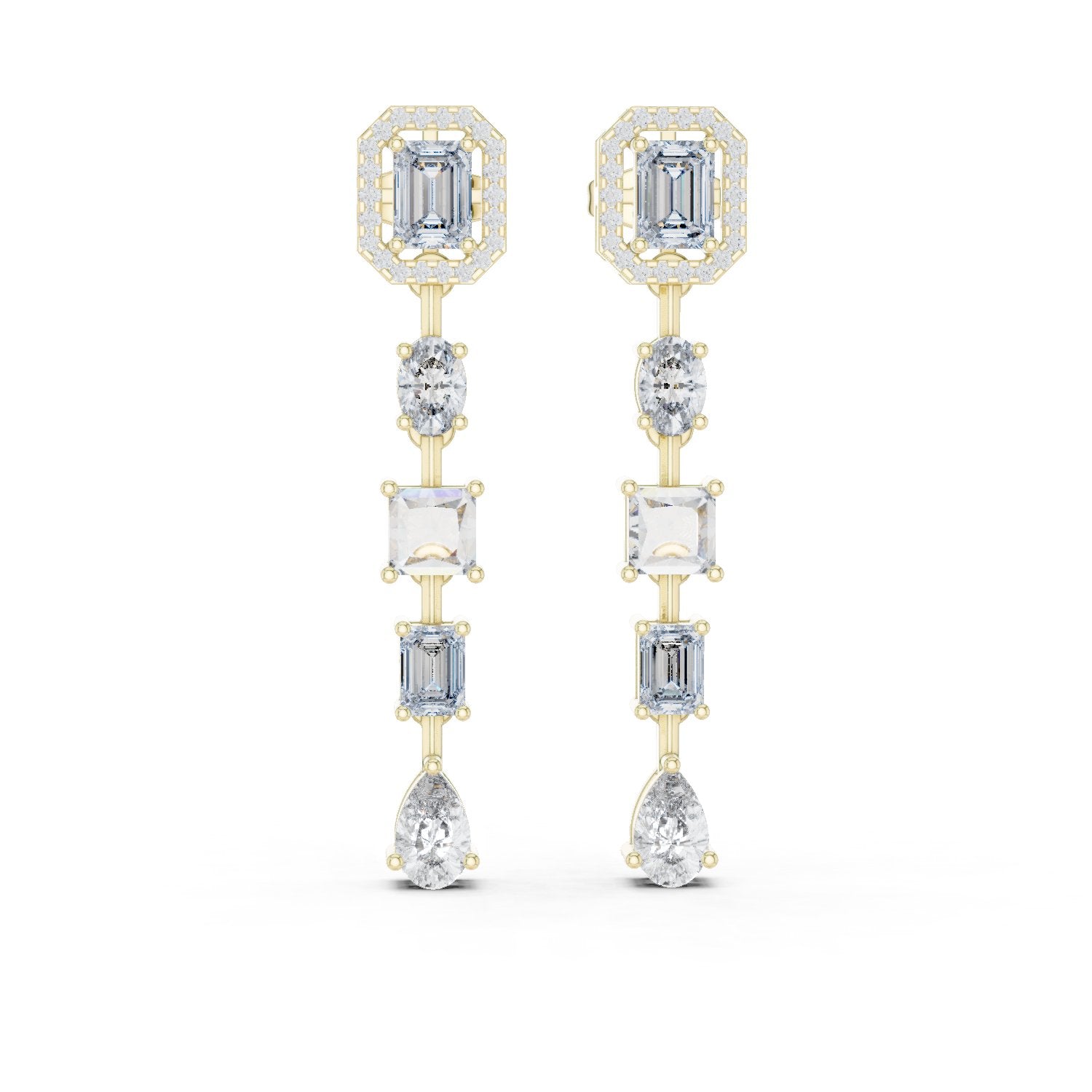Emerald Halo Tiered Drop Earrings in Yellow Gold - VYKA Diamonds