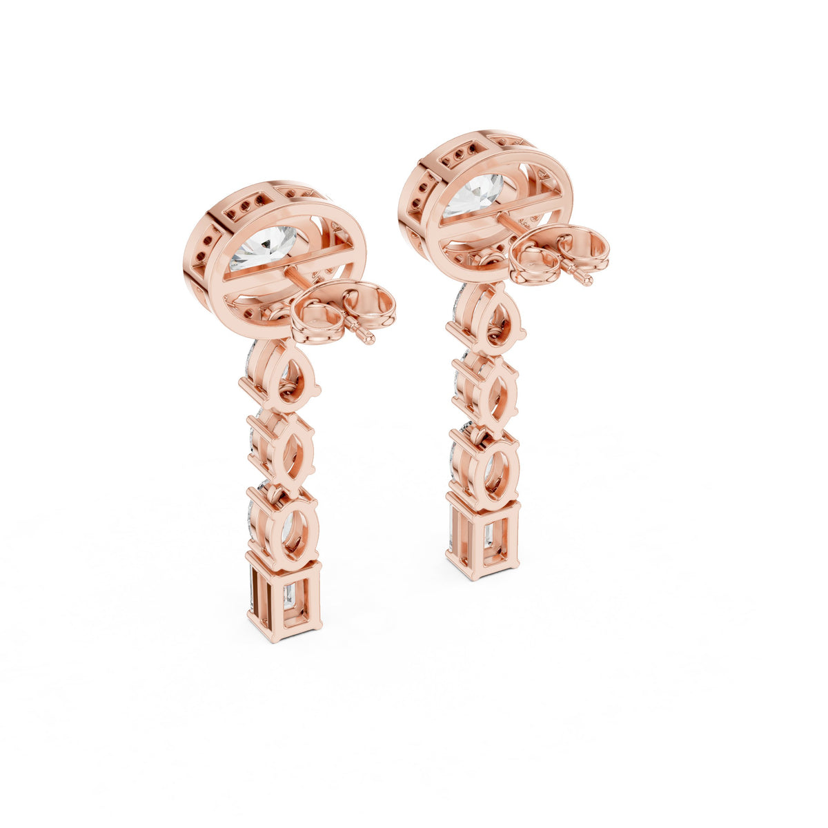 أقراط متدلّية بشلال وألماسة بيضاوية بهالة in Rose Gold - VYKA Diamonds