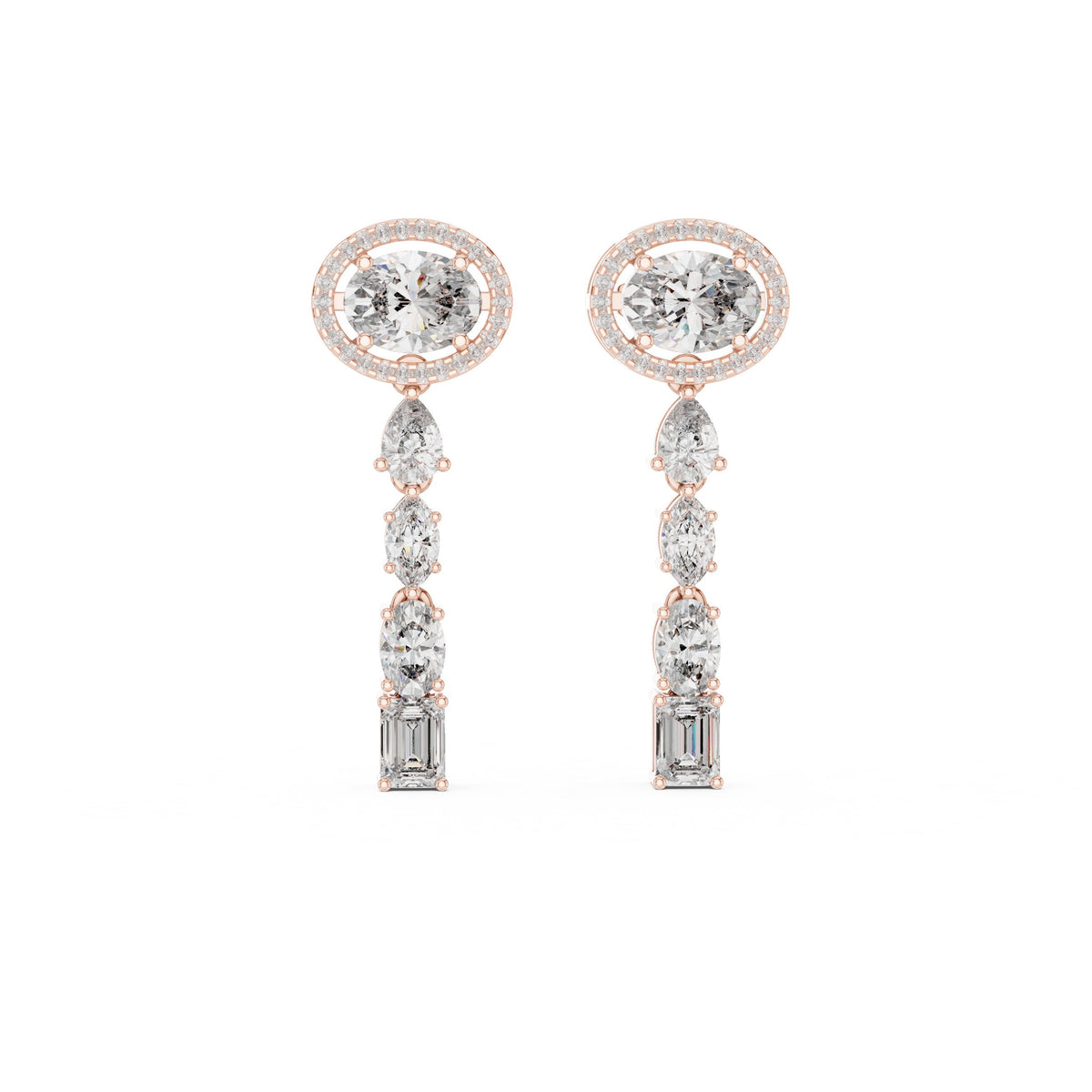 أقراط متدلّية بشلال وألماسة بيضاوية بهالة in Rose Gold - VYKA Diamonds
