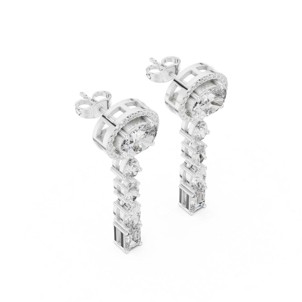 أقراط متدلّية بشلال وألماسة بيضاوية بهالة in White Gold - VYKA Diamonds