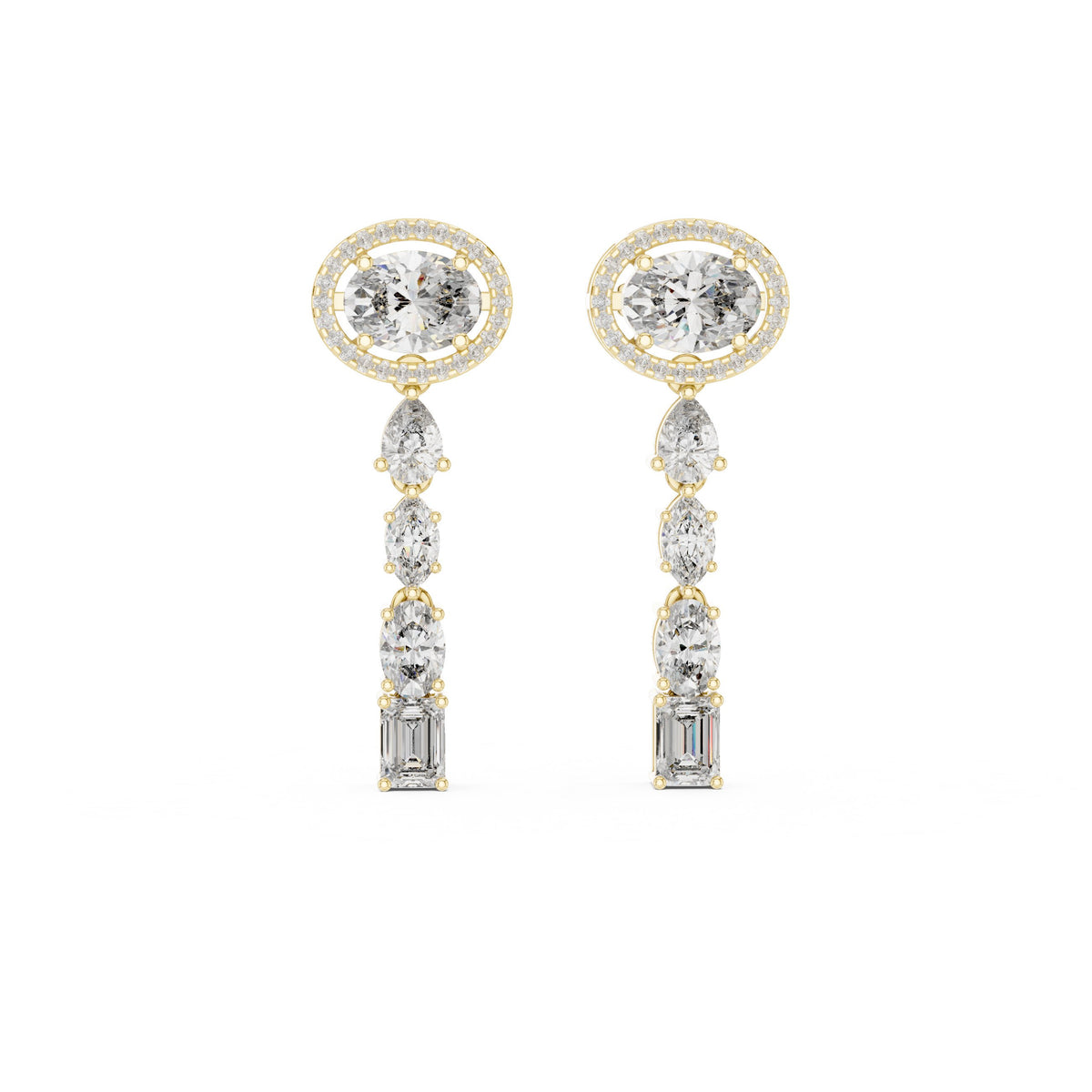 أقراط متدلّية بشلال وألماسة بيضاوية بهالة in Yellow Gold - VYKA Diamonds