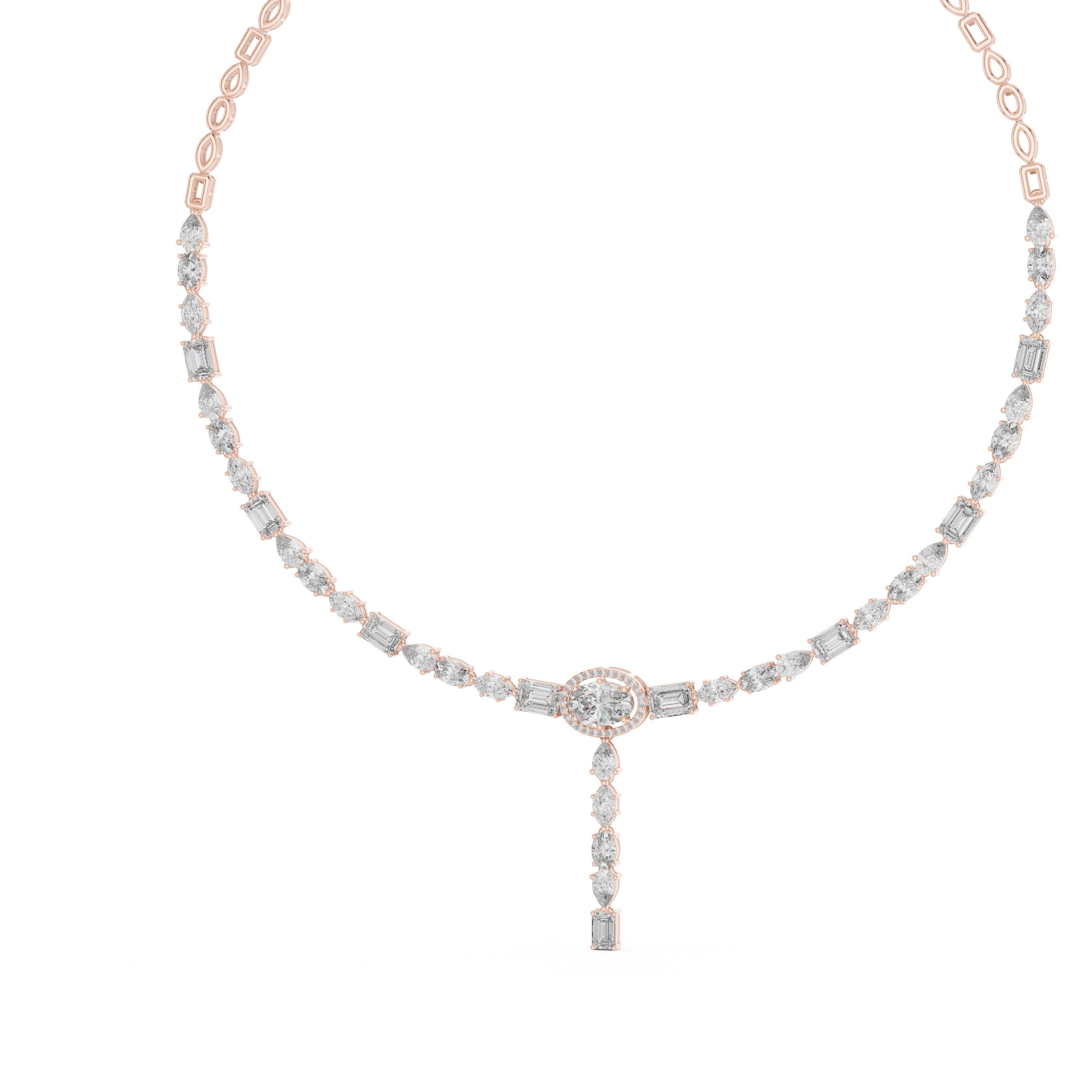 Mixed-Cut Oval Halo Lariat Necklace in Rose Gold - VYKA Diamonds