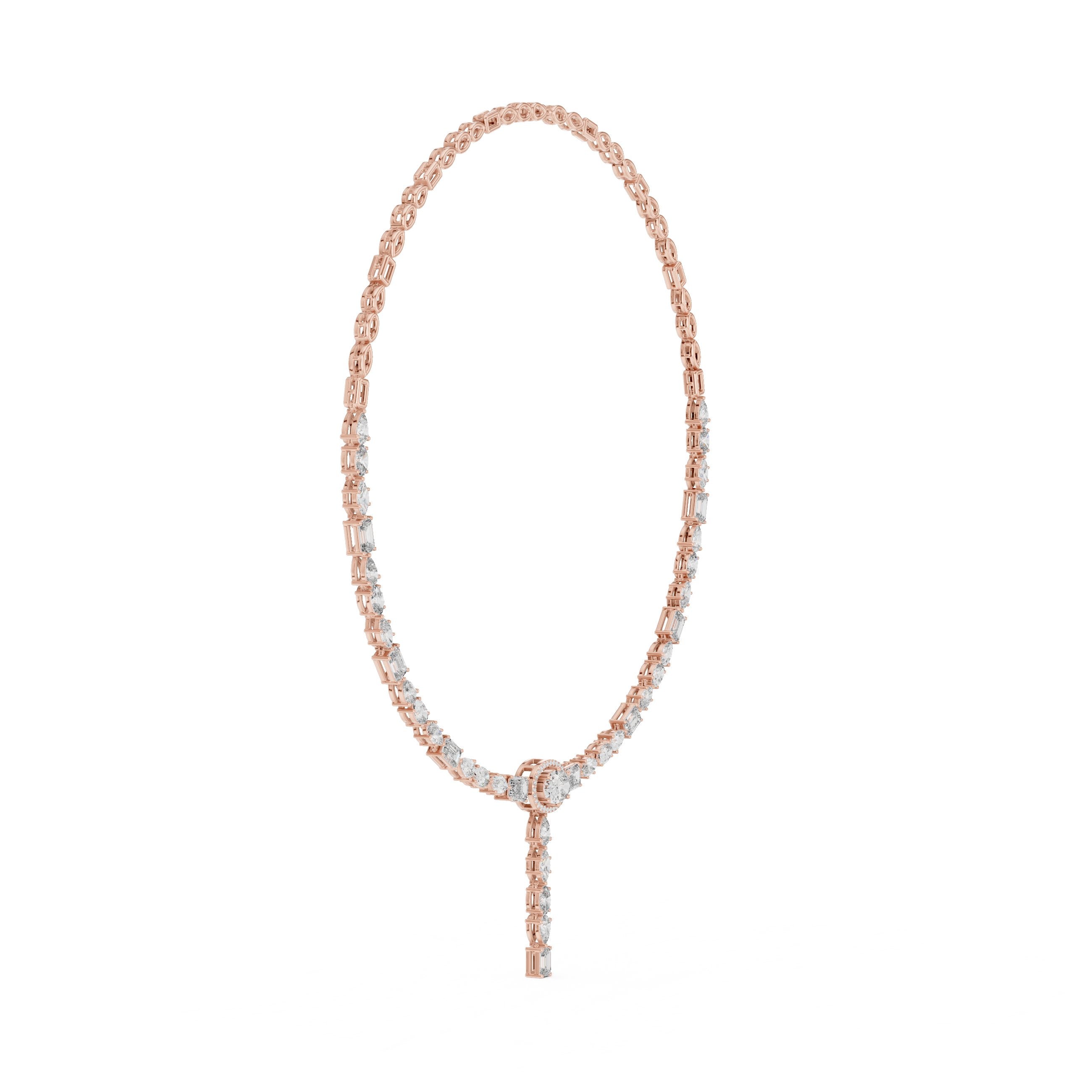 Mixed-Cut Oval Halo Lariat Necklace in Rose Gold - VYKA Diamonds