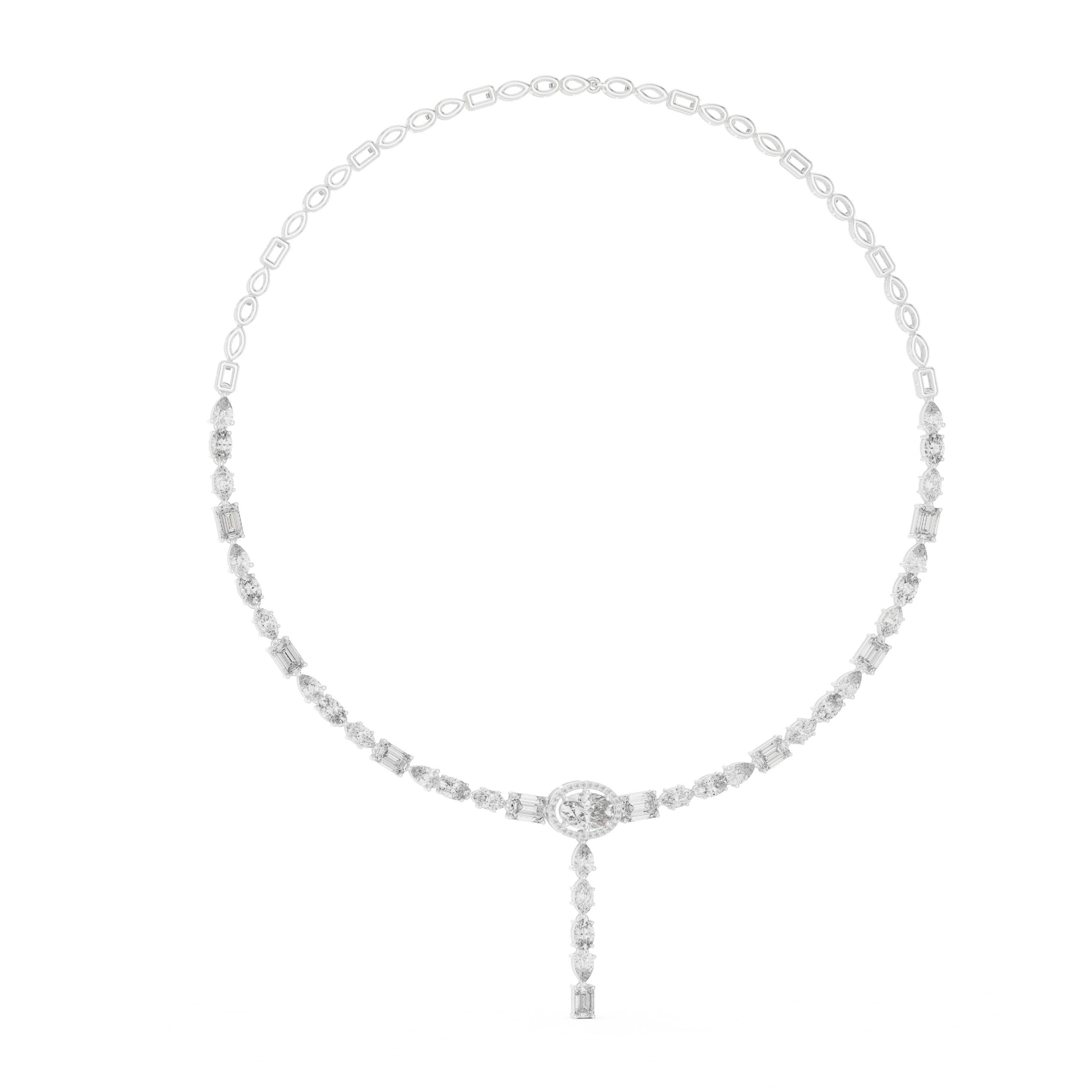 Mixed-Cut Oval Halo Lariat Necklace in White Gold - VYKA Diamonds