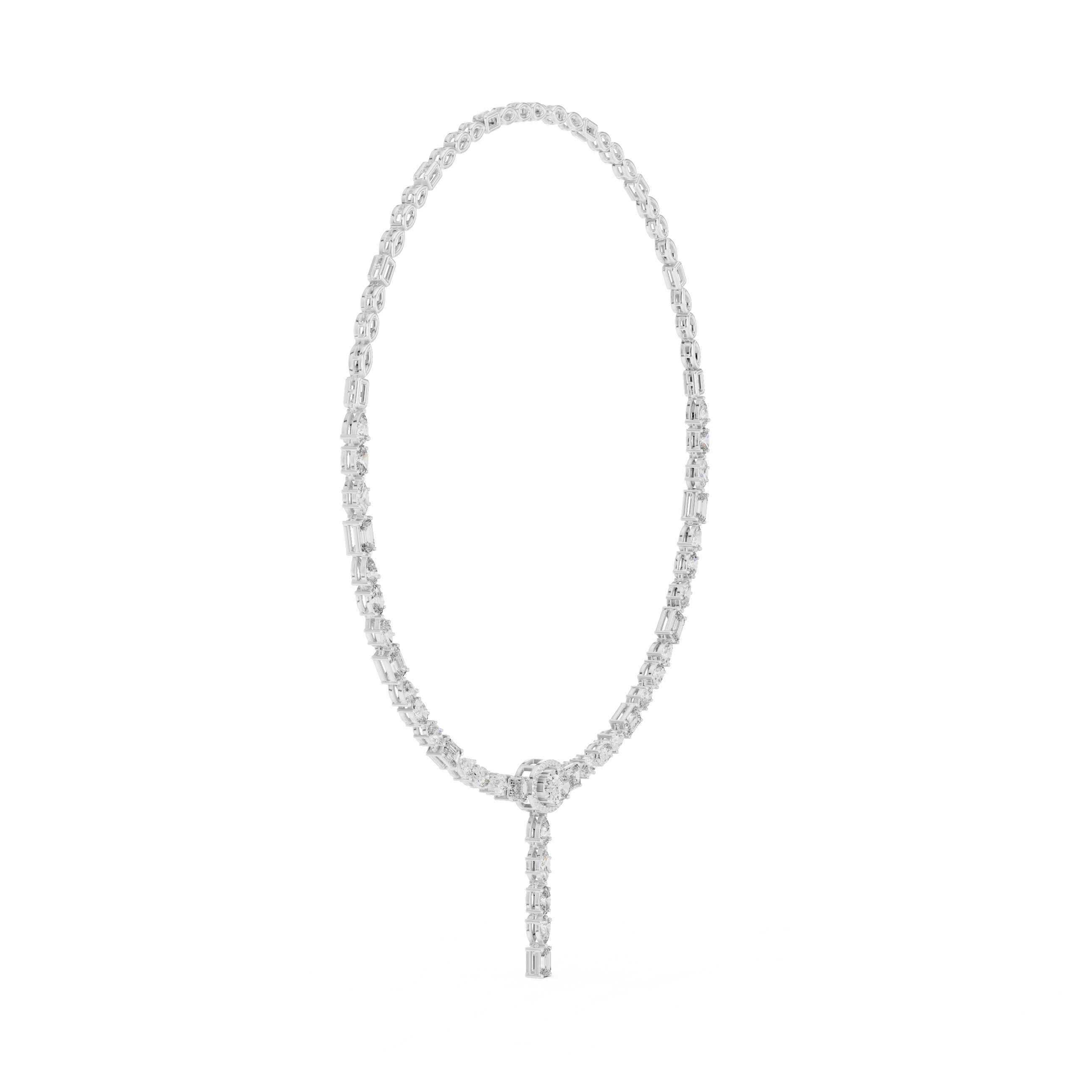 Mixed-Cut Oval Halo Lariat Necklace in White Gold - VYKA Diamonds