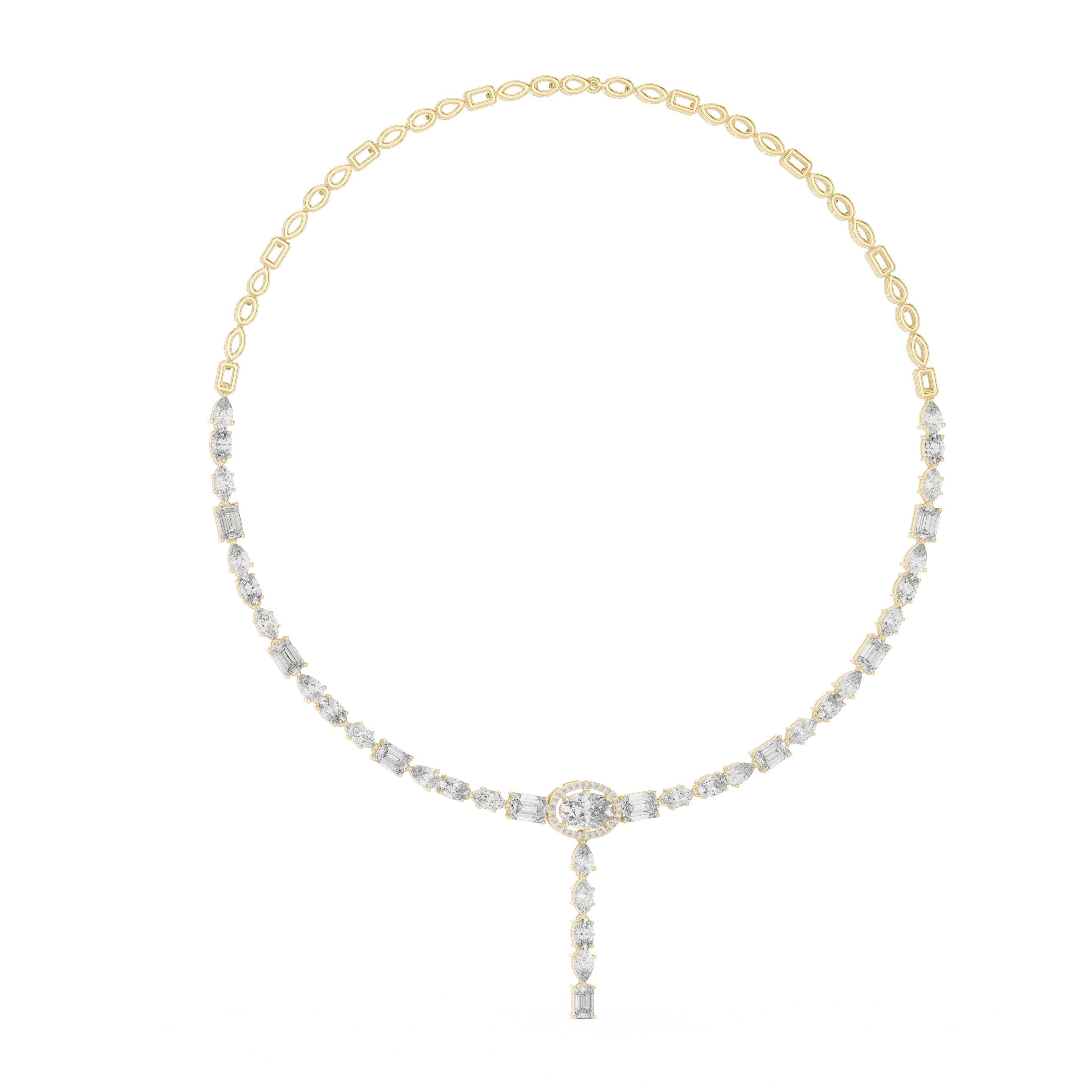 Mixed-Cut Oval Halo Lariat Necklace in Yellow Gold - VYKA Diamonds