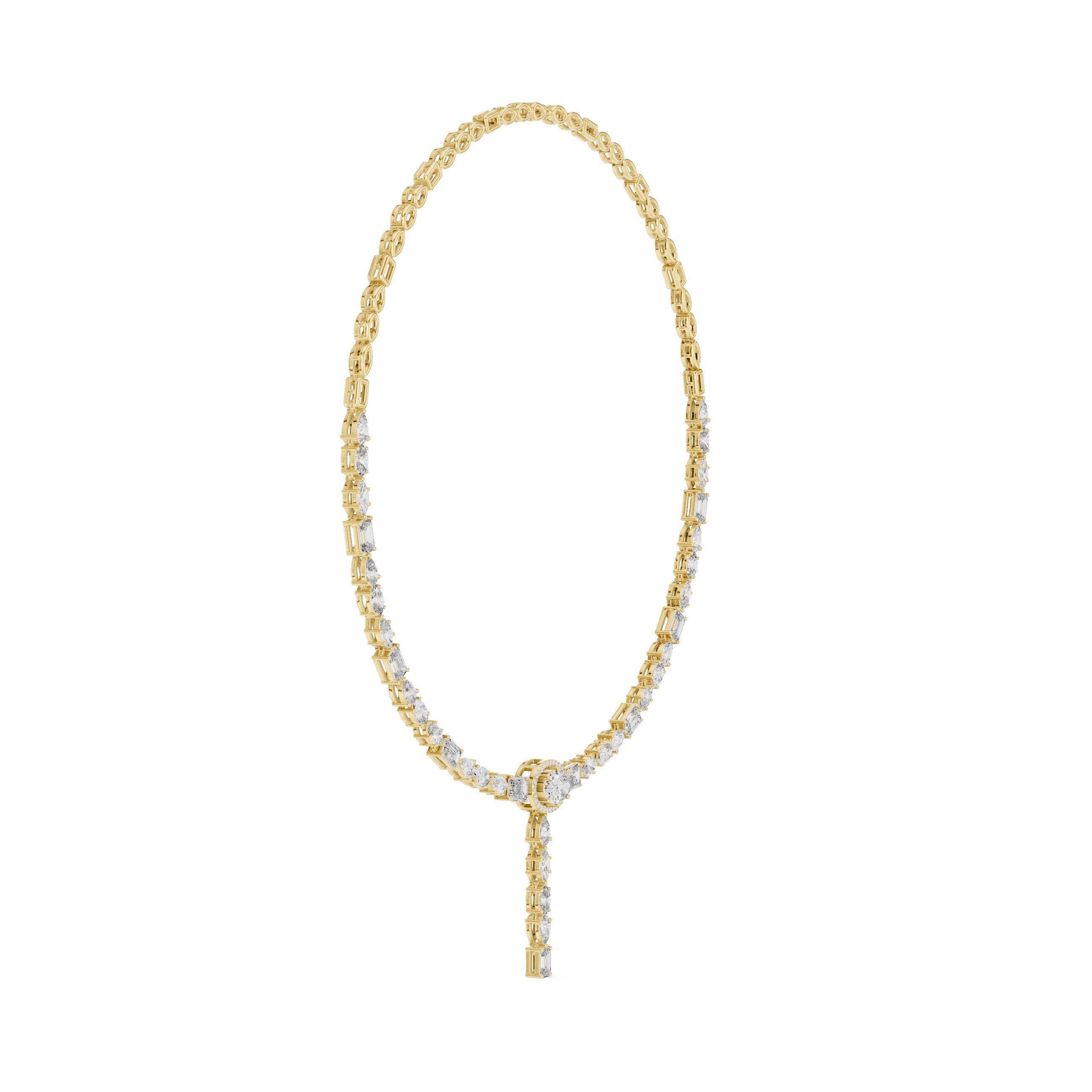 Mixed-Cut Oval Halo Lariat Necklace in Yellow Gold - VYKA Diamonds