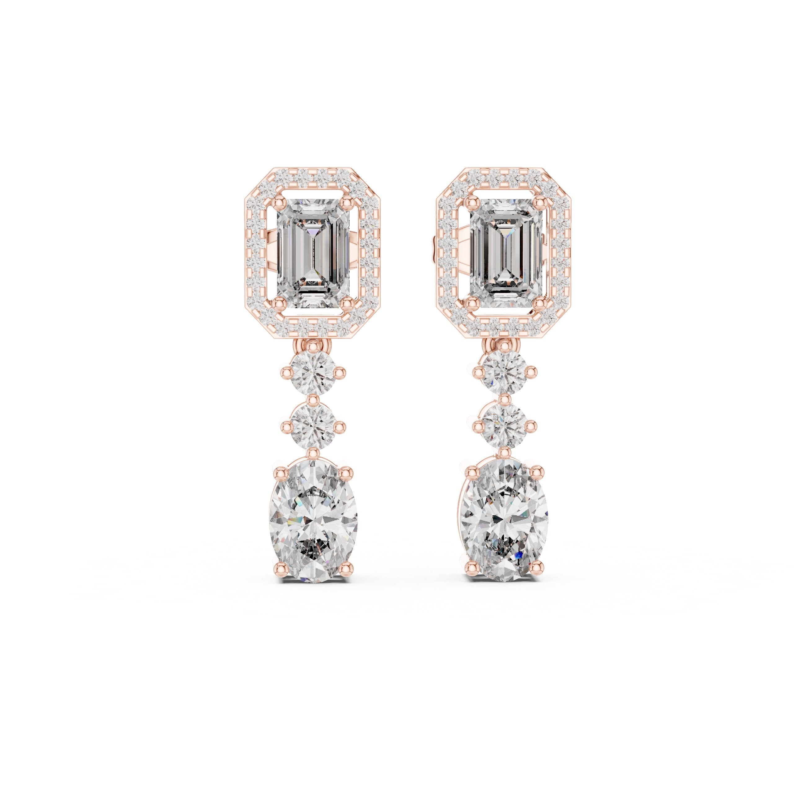 Emerald Oval Duo Drop Earrings in Rose Gold - VYKA Diamonds