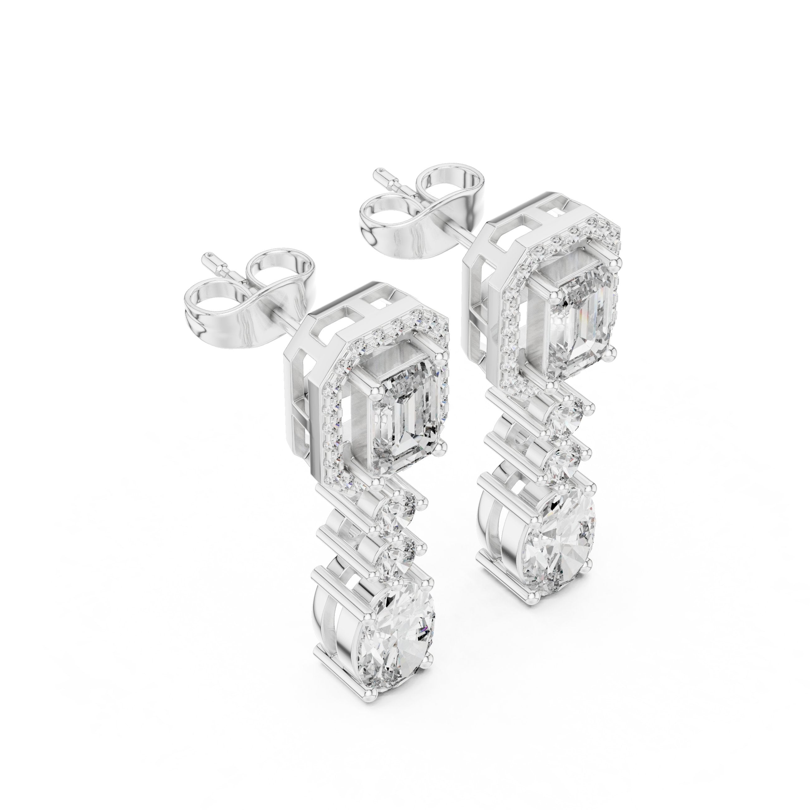 Emerald Oval Duo Drop Earrings in White Gold - VYKA Diamonds