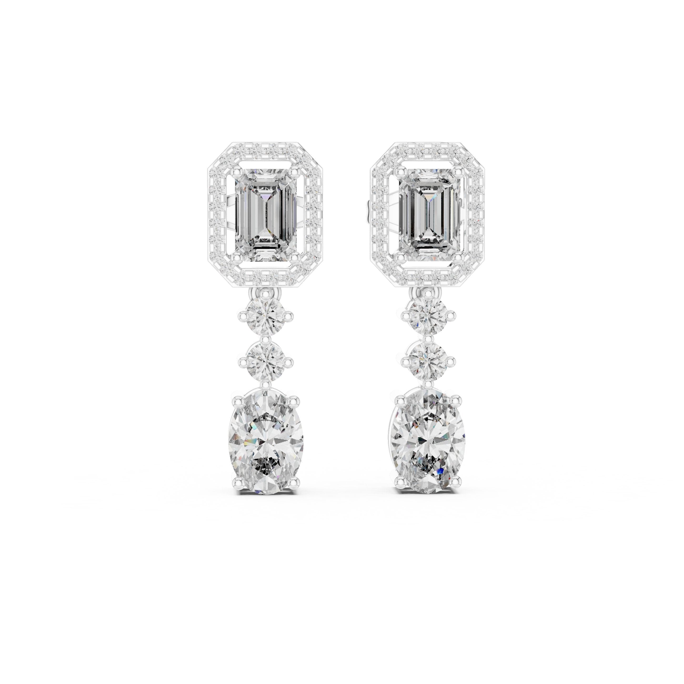 Emerald Oval Duo Drop Earrings in White Gold - VYKA Diamonds