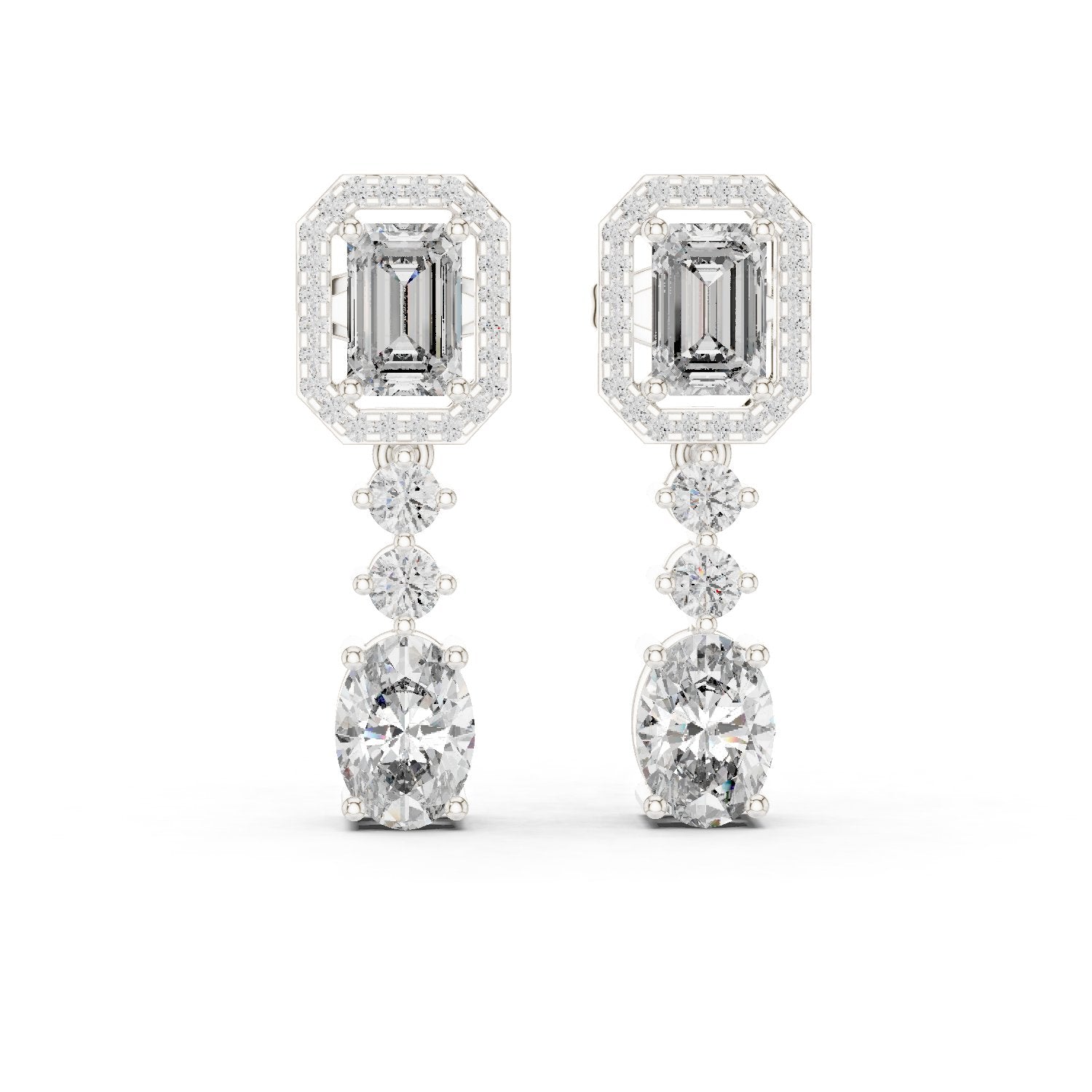 Emerald Oval Duo Drop Earrings in White Gold - VYKA Diamonds
