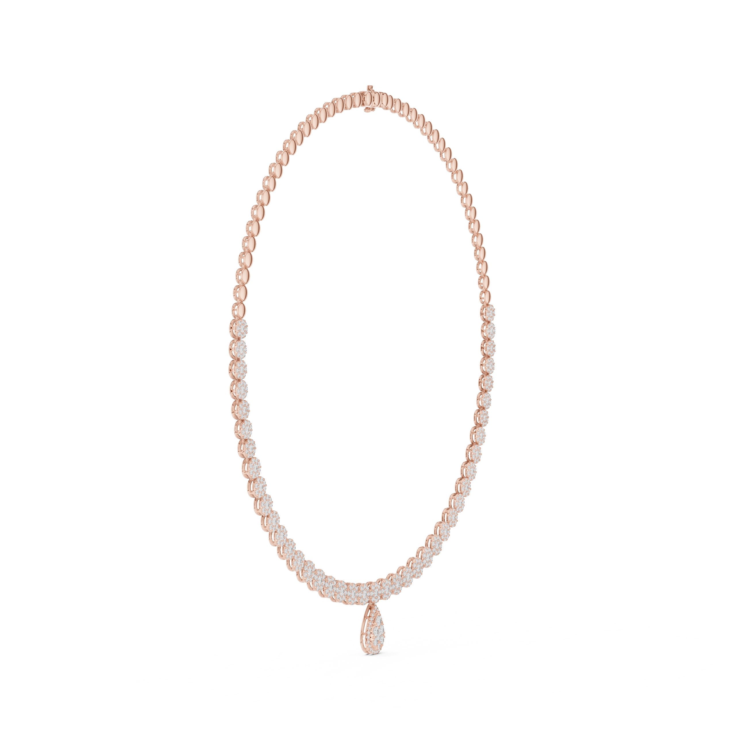 Graduated Halo Pear Drop Tennis Necklace in Rose Gold - VYKA Diamonds