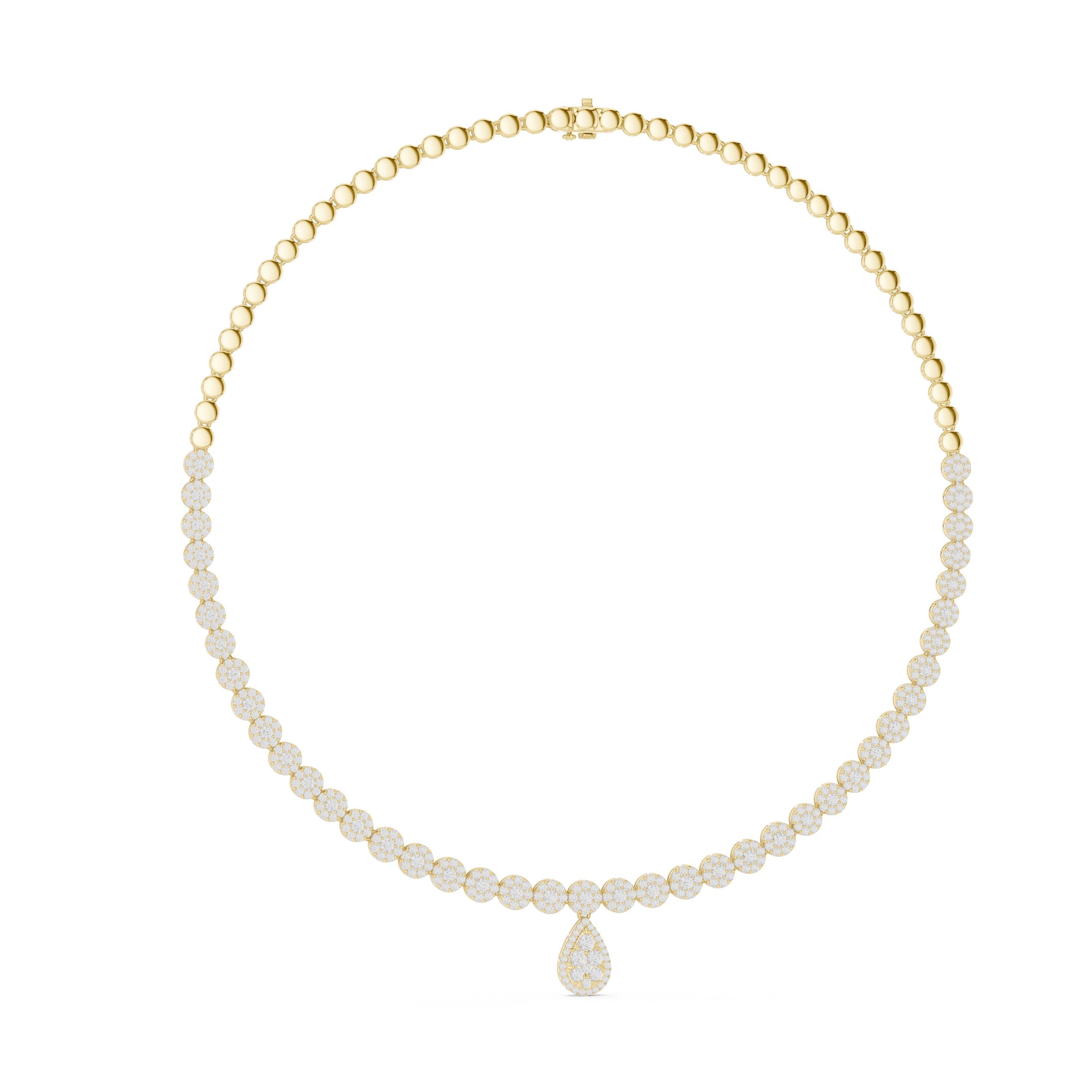 Graduated Halo Pear Drop Tennis Necklace in Yellow Gold - VYKA Diamonds