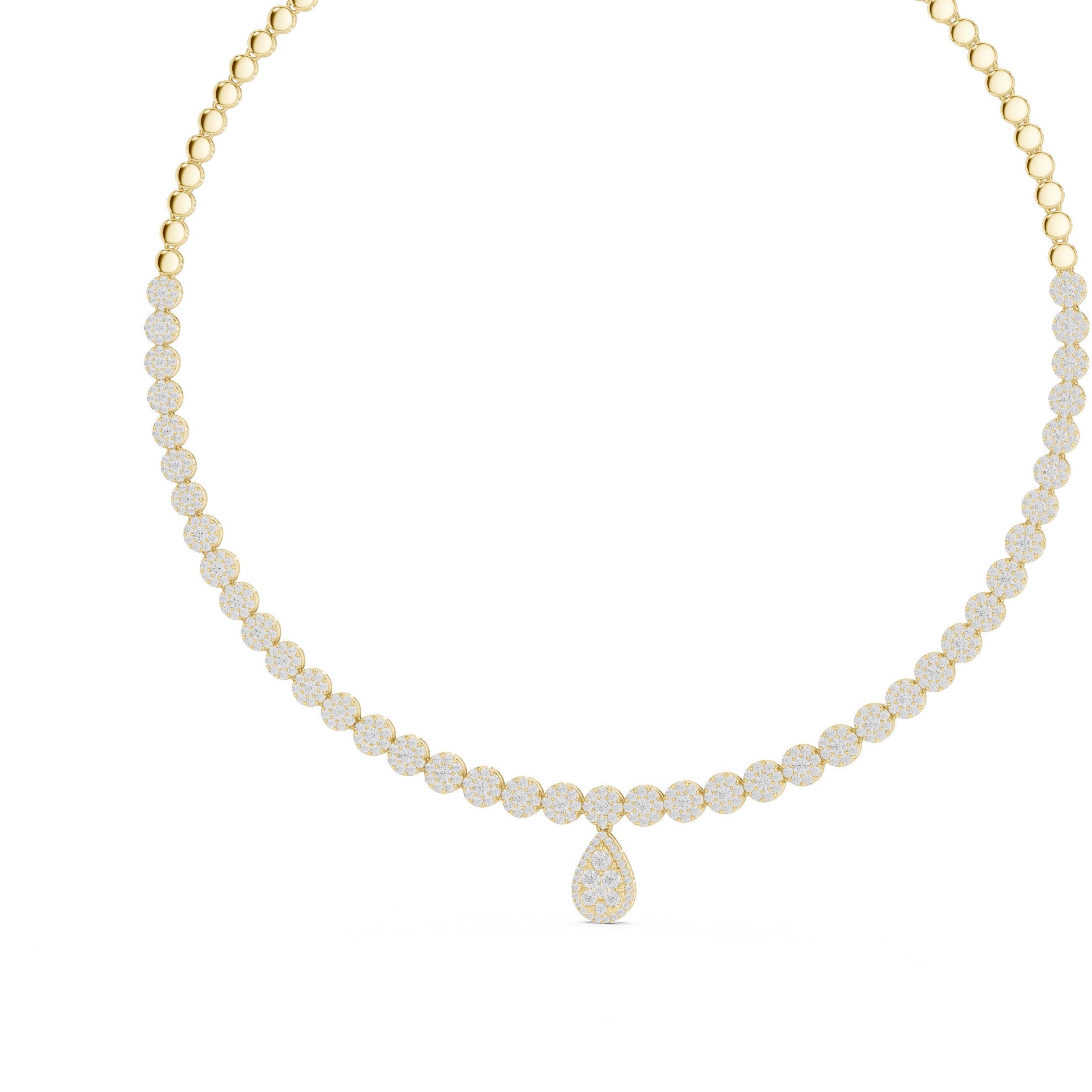 Graduated Halo Pear Drop Tennis Necklace in Yellow Gold - VYKA Diamonds